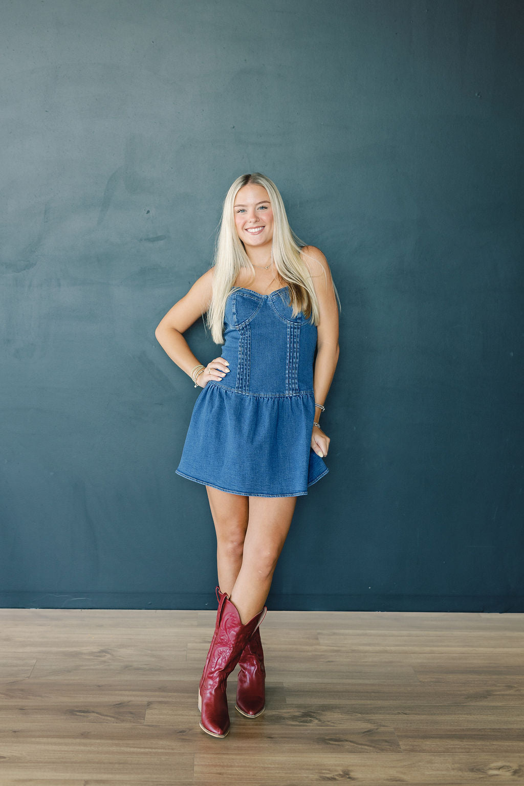 Denim Bustier Ruffle Bottom Mini Dress