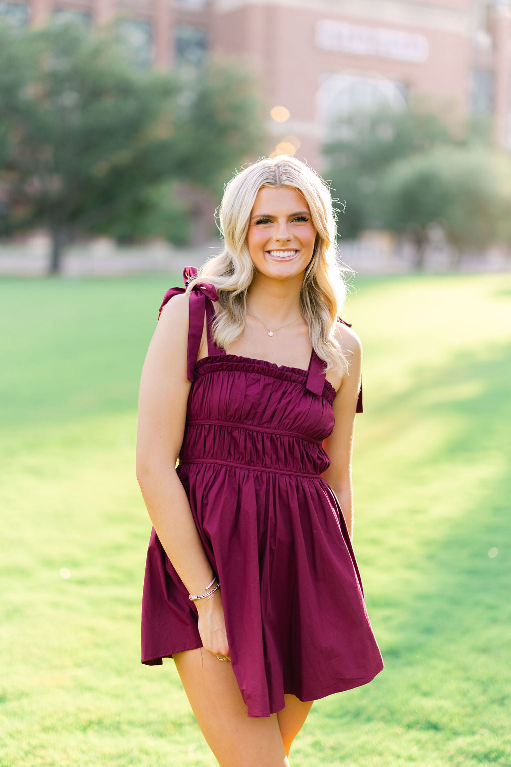 Shoulder tie Rouched Bodice Mini Dress
