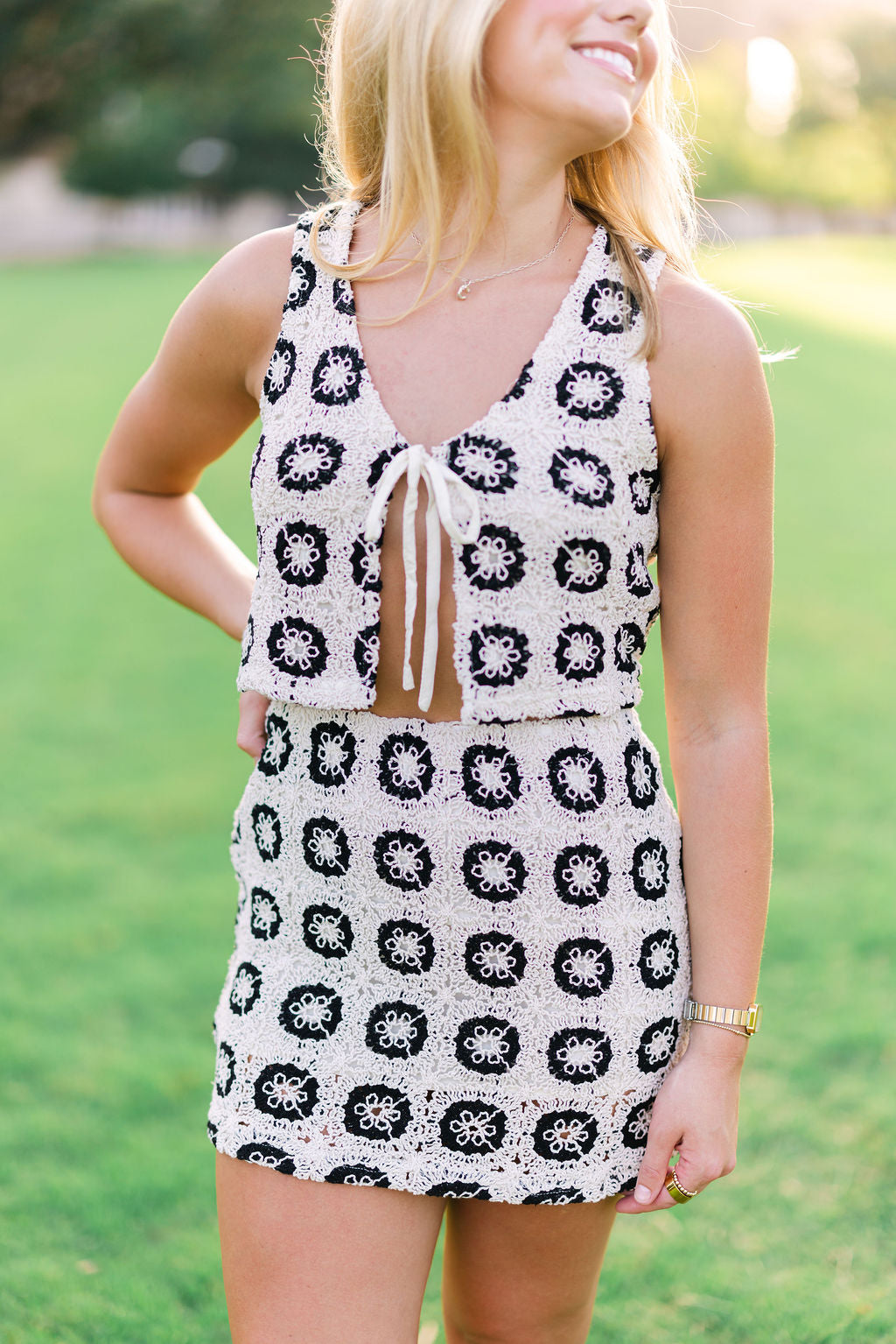 Front Tie Floral Detail Crochet Skirt