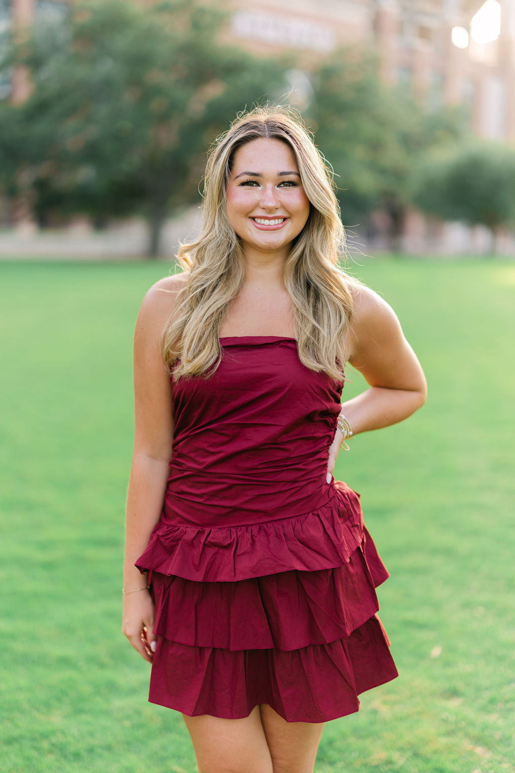Strapless Ruched Tiered Ruffle Mini Dress
