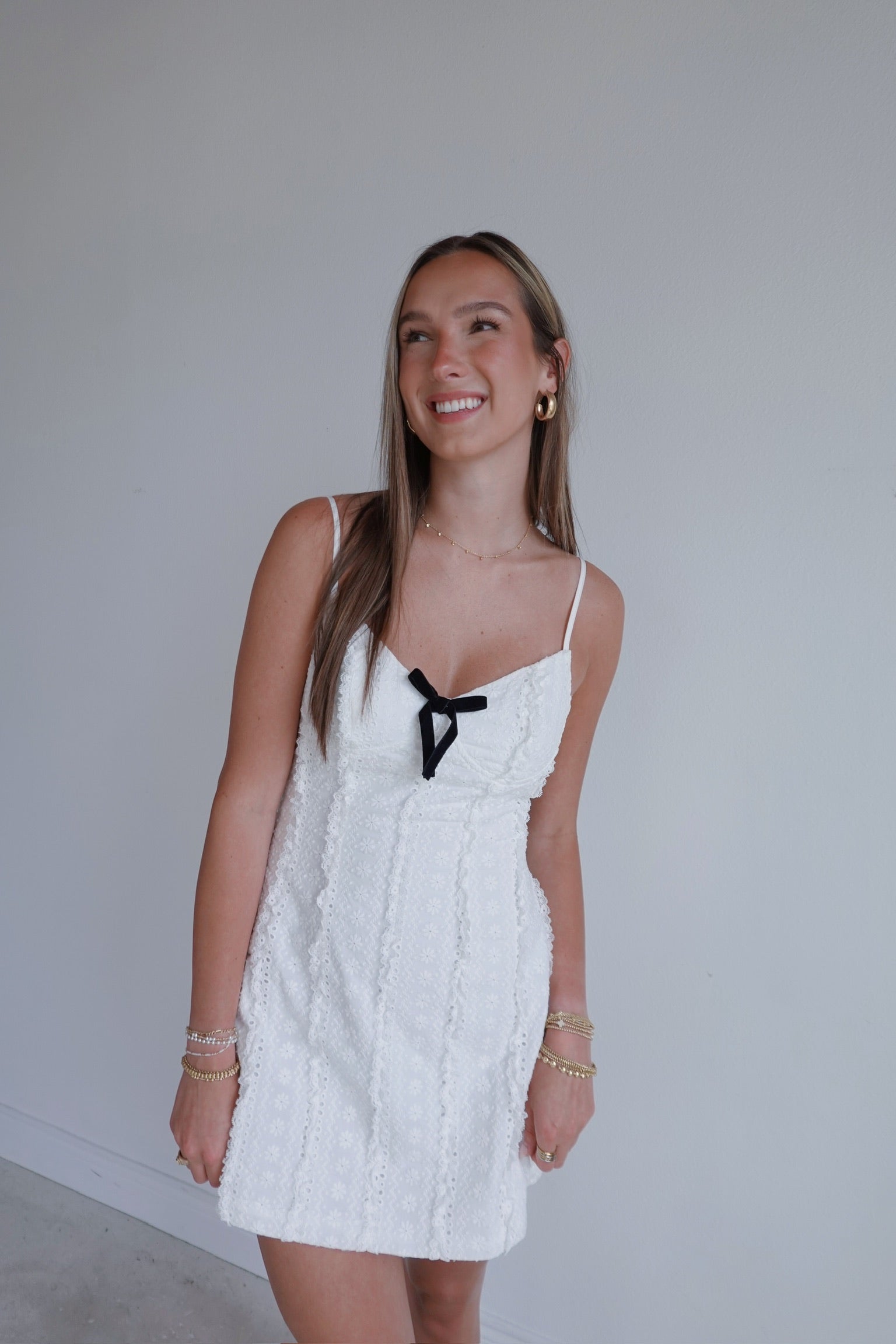 Eyelet Velvet Bow Detailed Mini Dress