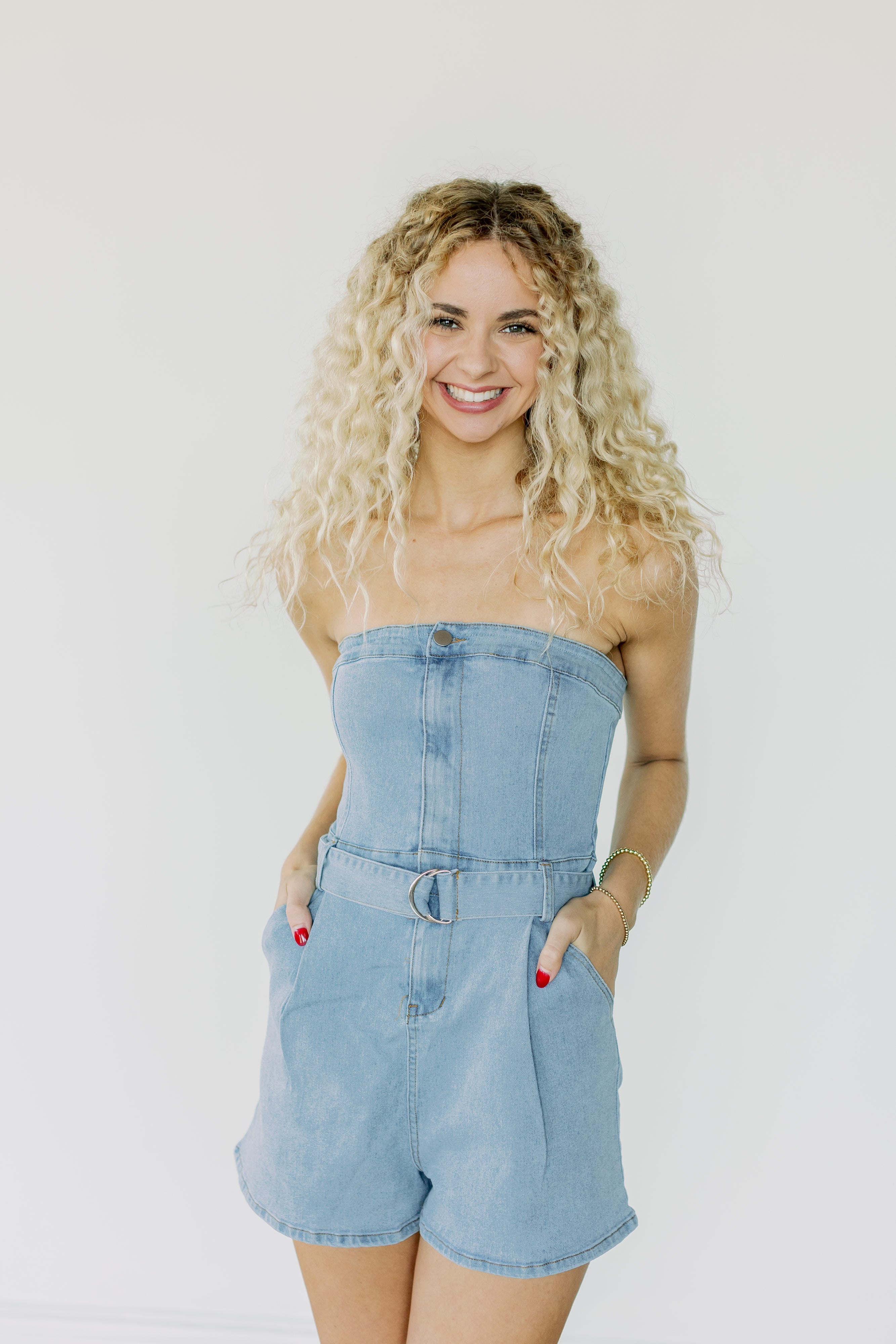 Denim Strapless Belted Romper