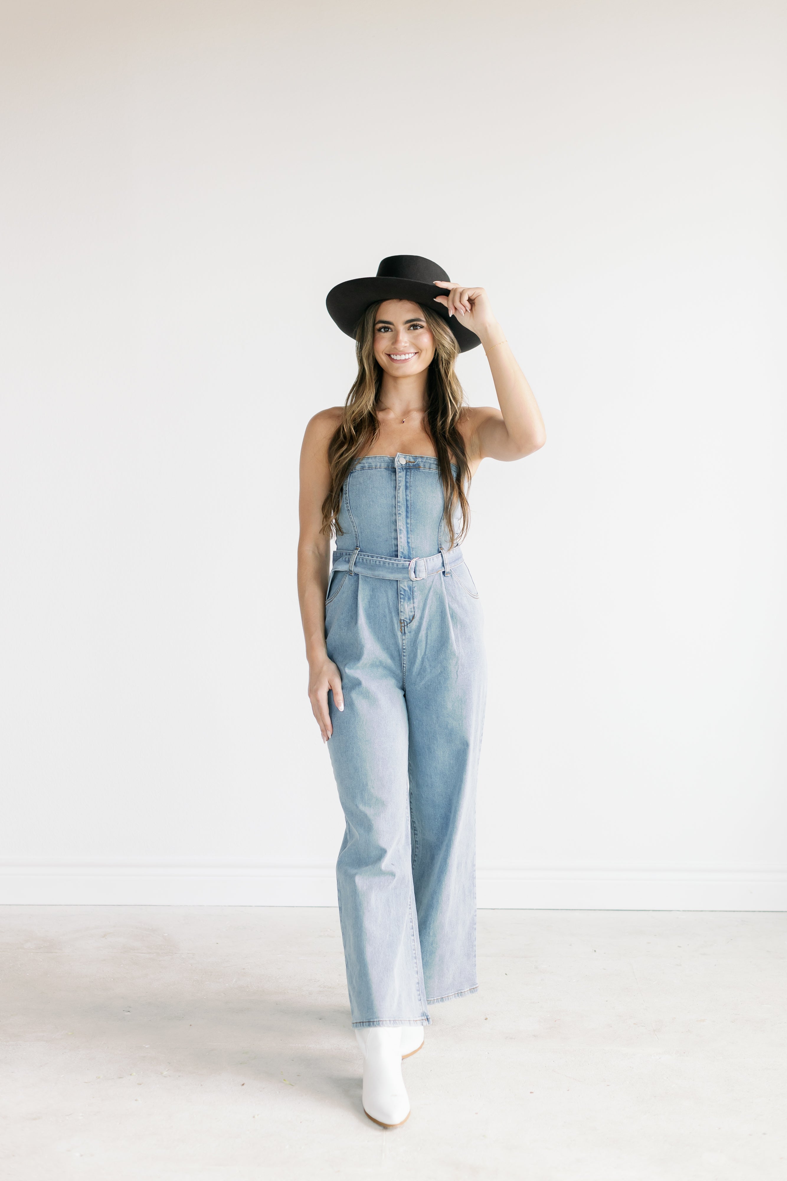 Strapless Belted Wide Leg Jumpsuit