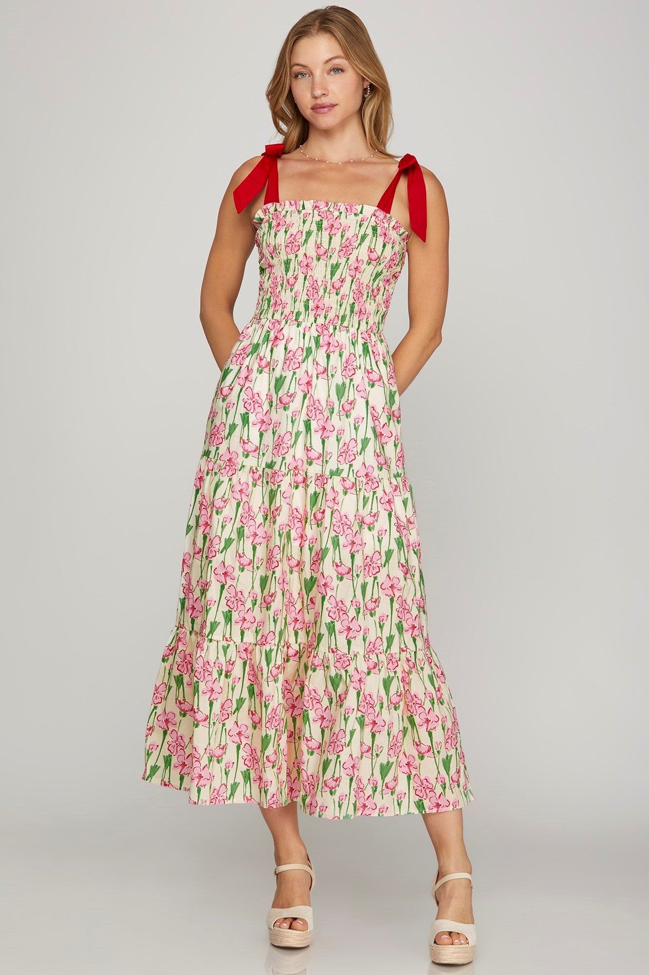 Floral Smocked Shoulder Tie Maxi Dress