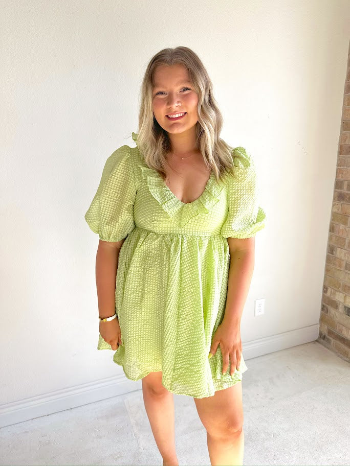 Textured V Neck Puff Sleeve Ruffle Babydoll Mini