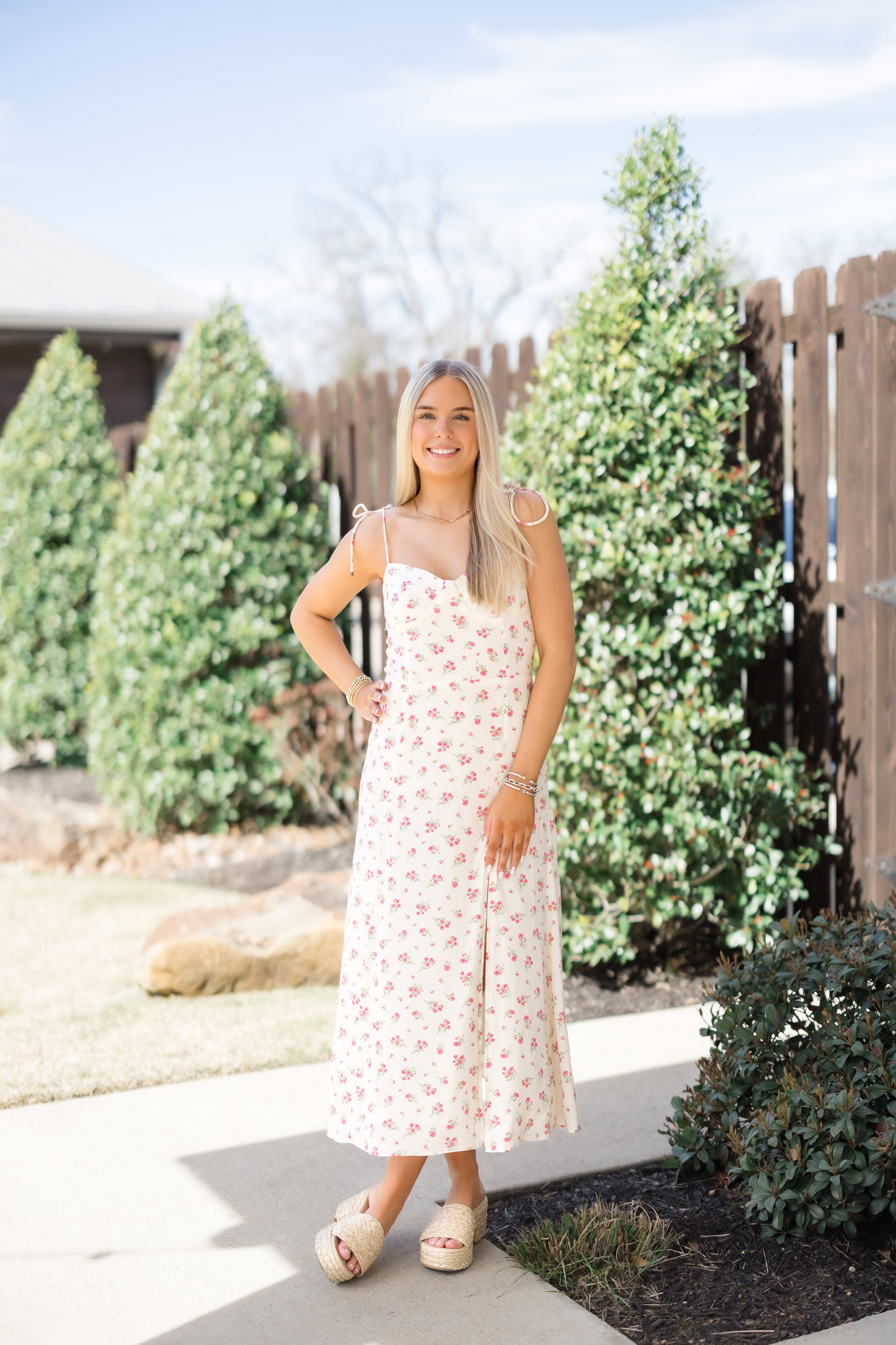 Linen Dainty Floral Shoulder Tie Side Slit Midi