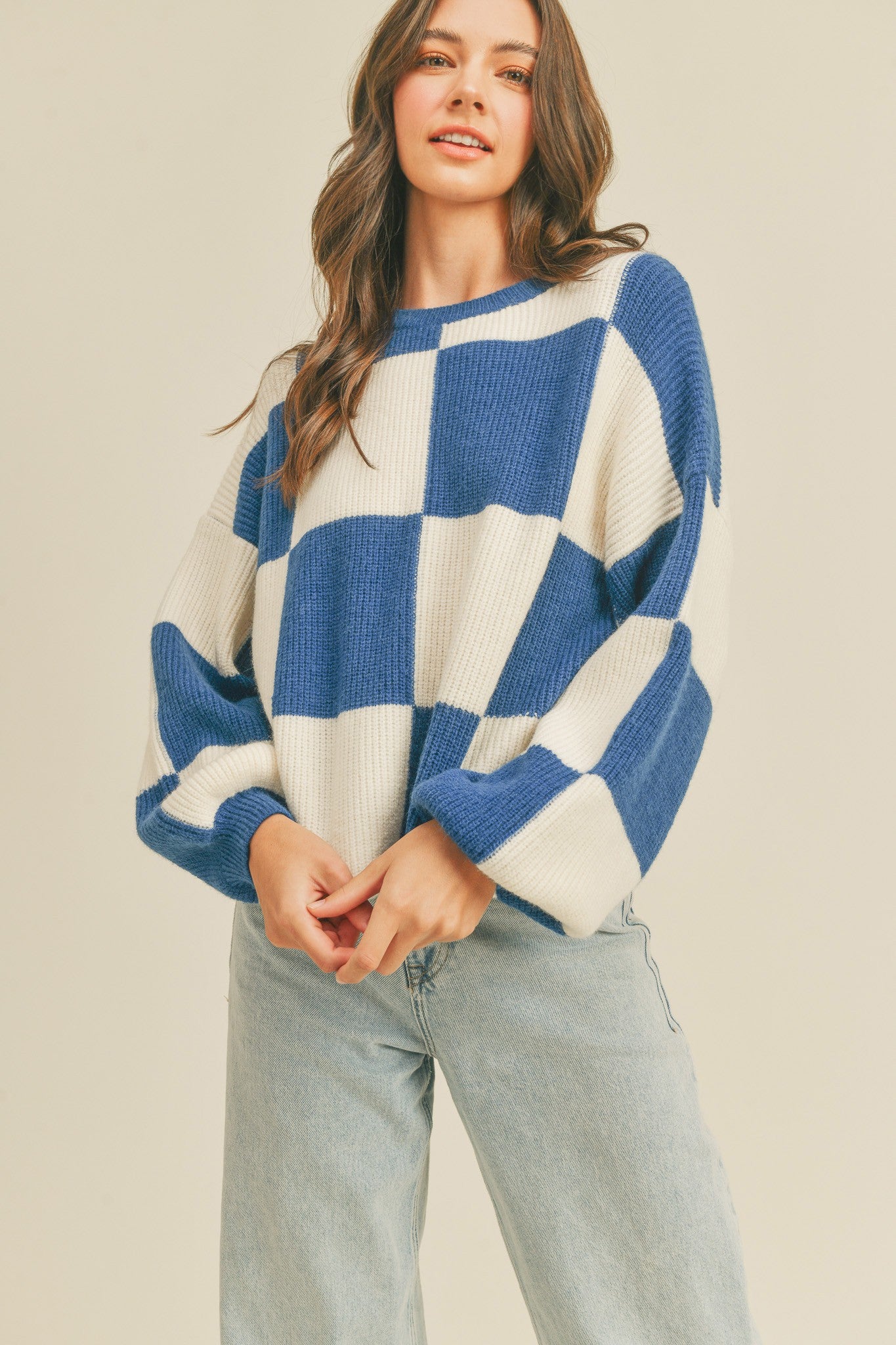 Long Sleeve Checkered Knit Sweater