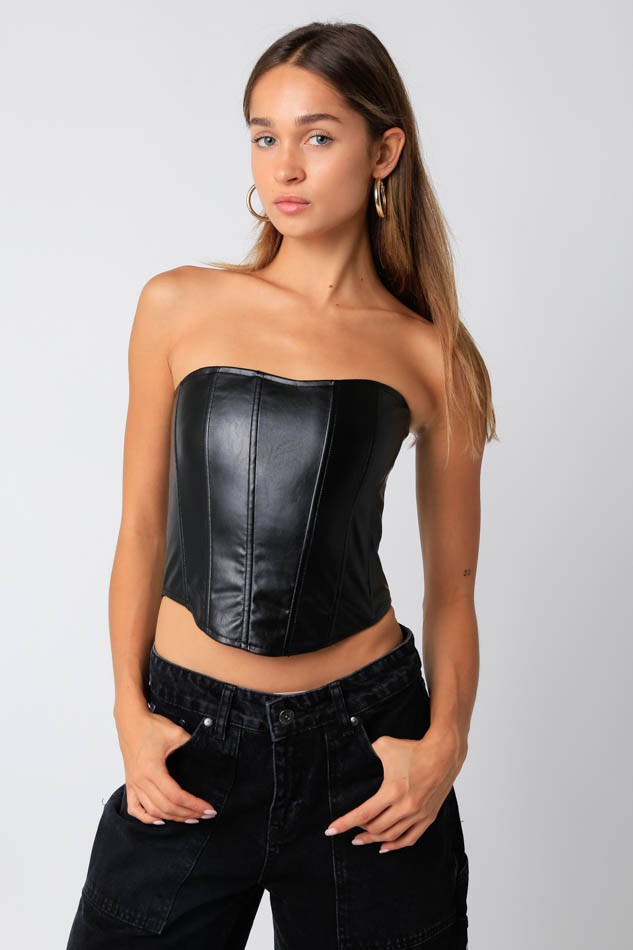Faux Leather Strapless Crop W/ Boning