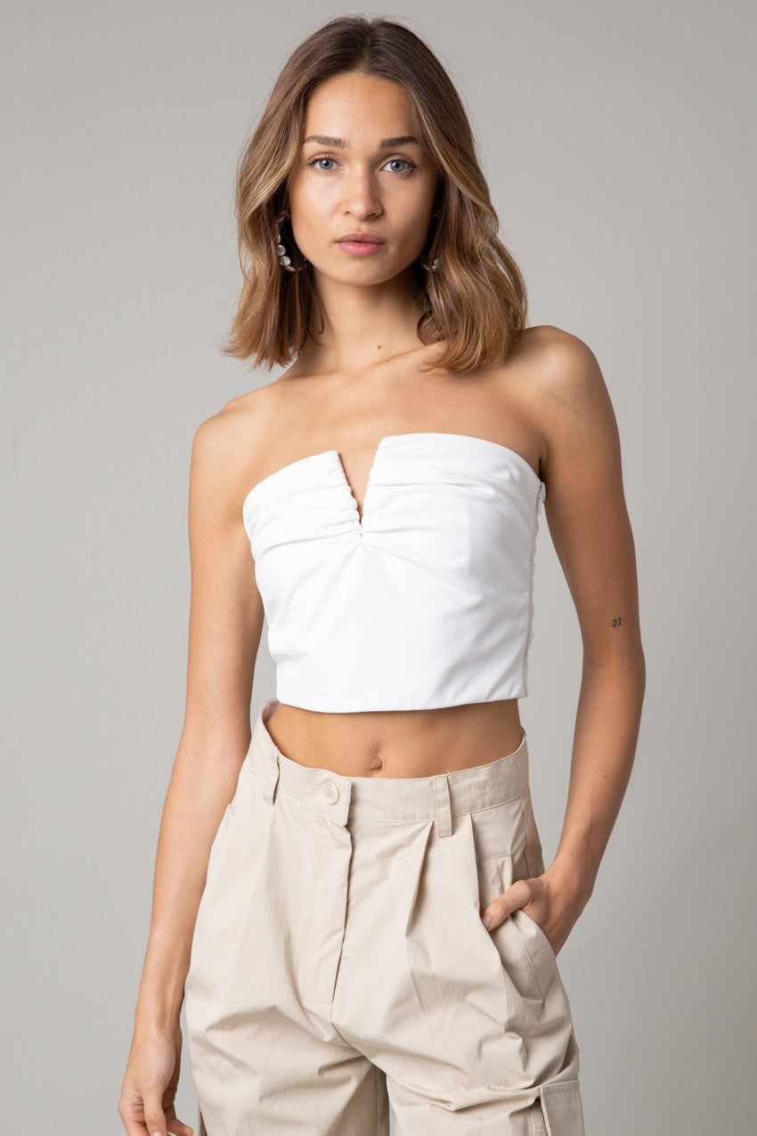Faux Leather Strapless Deep V Crop