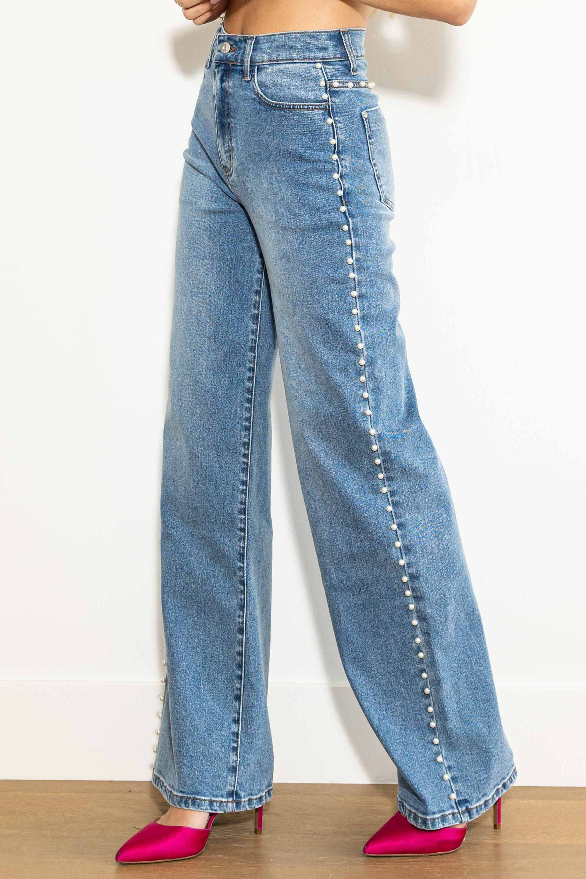 Denim Pearl Studded Wide Leg Jeans