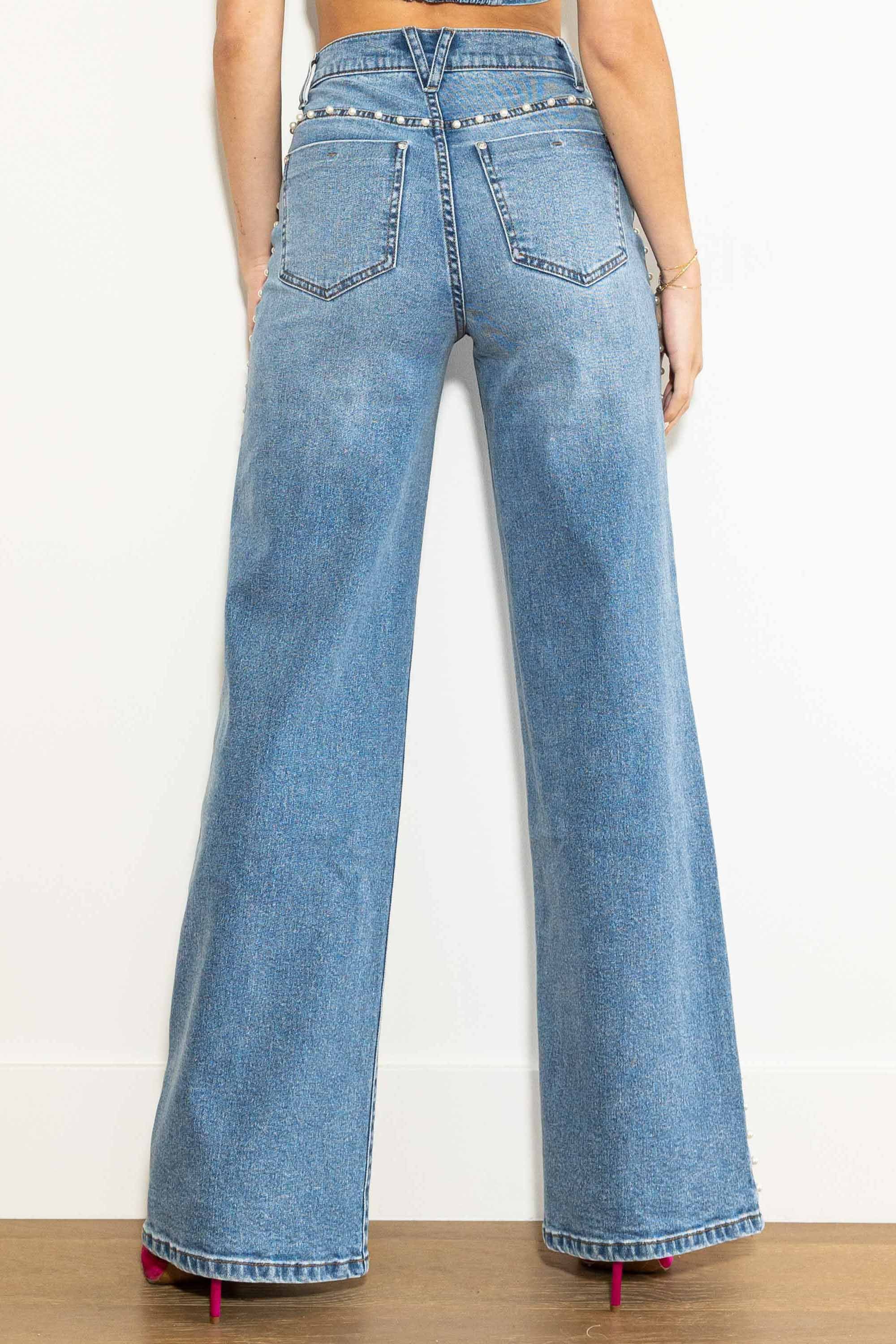 Denim Pearl Studded Wide Leg Jeans