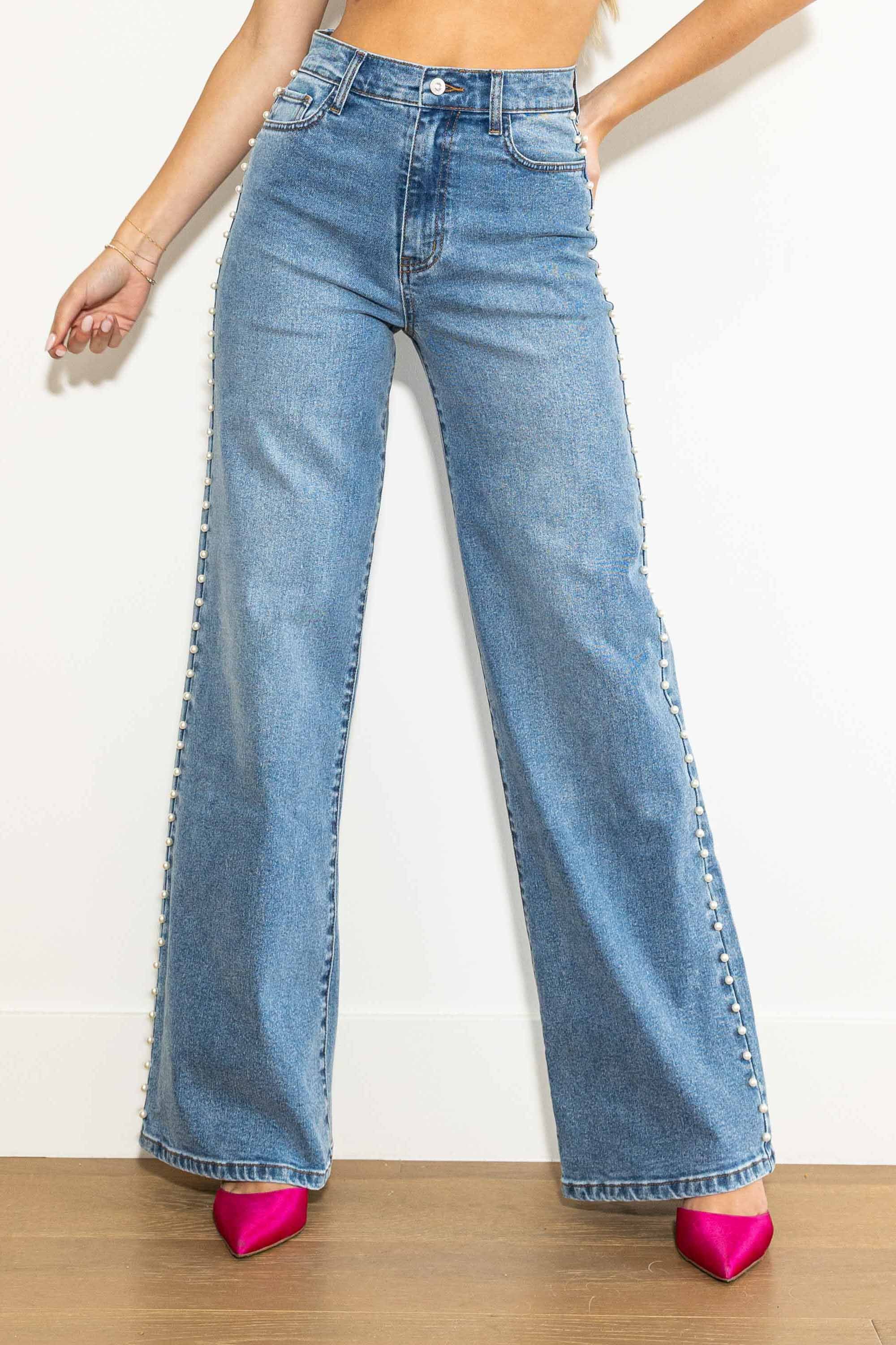 Denim Pearl Studded Wide Leg Jeans