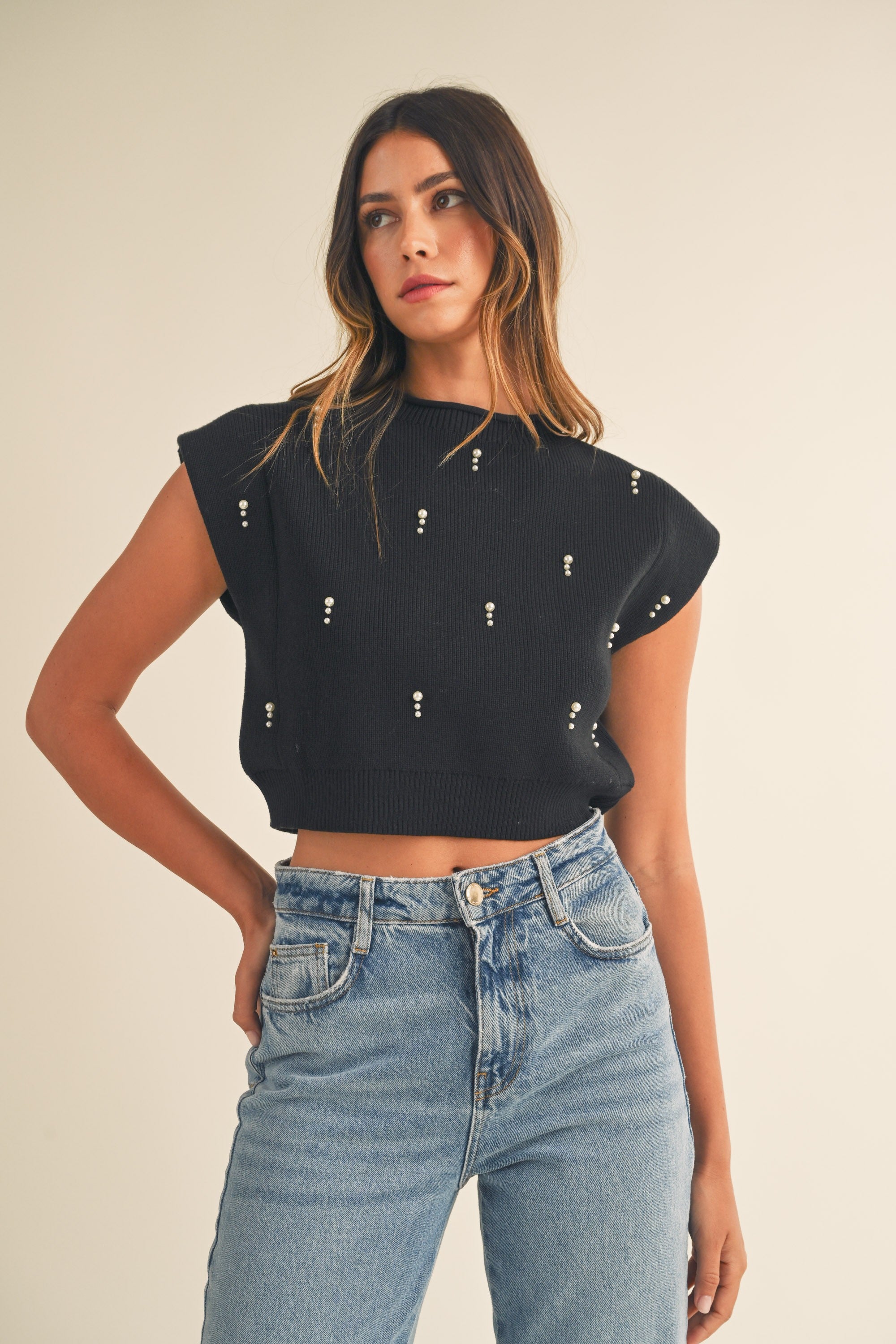 Pearl Detail Cropped Sweater Top