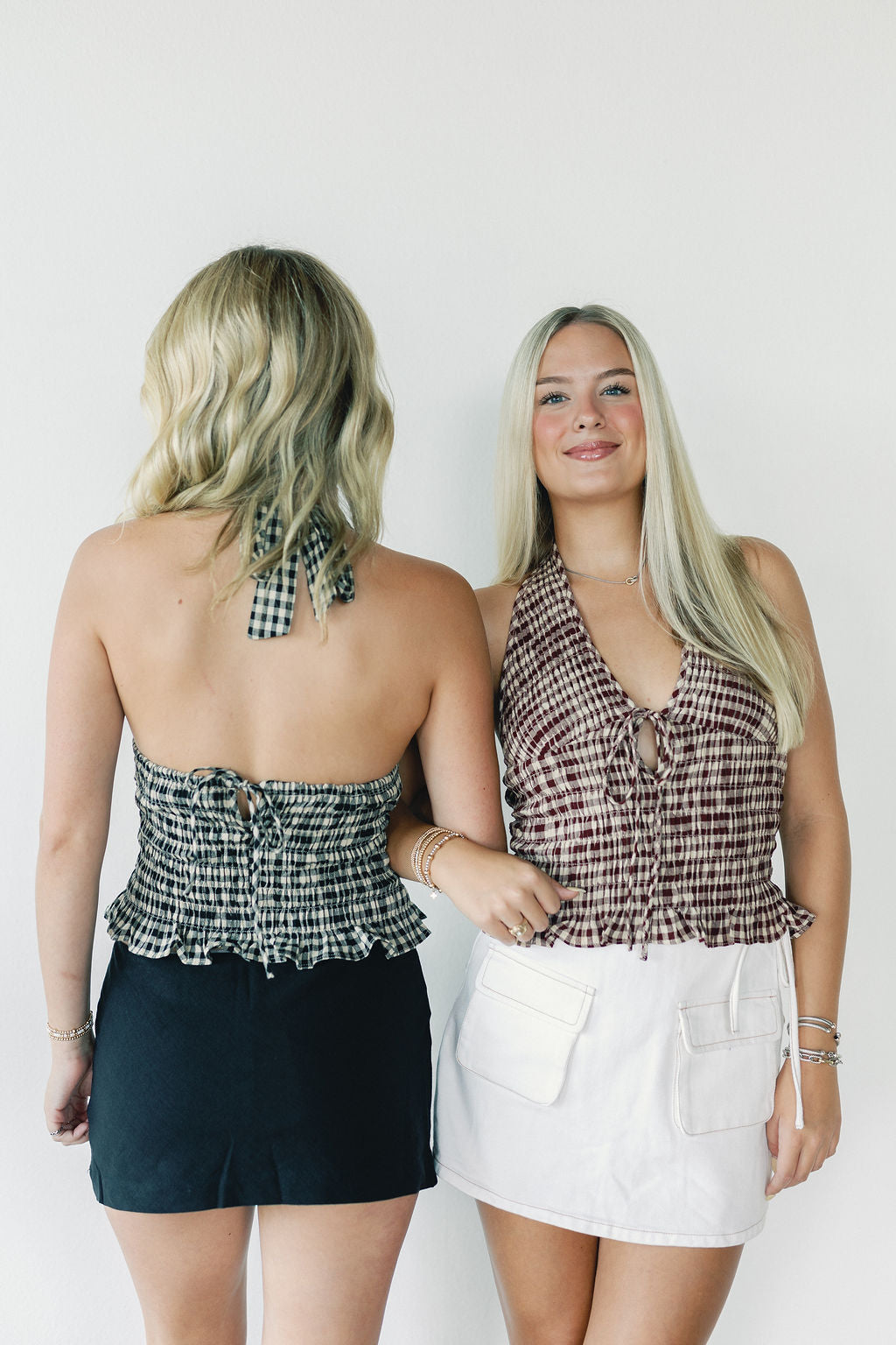 Plunge Gingham Halter Smocked Top