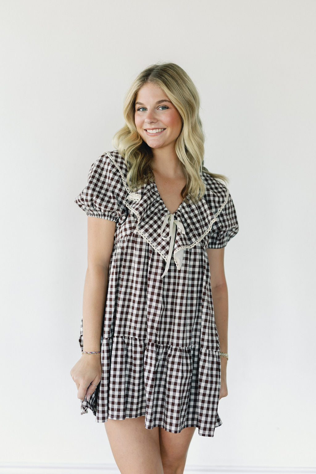 Short Puff Sleeve Ruffle Trim Gingham Dress