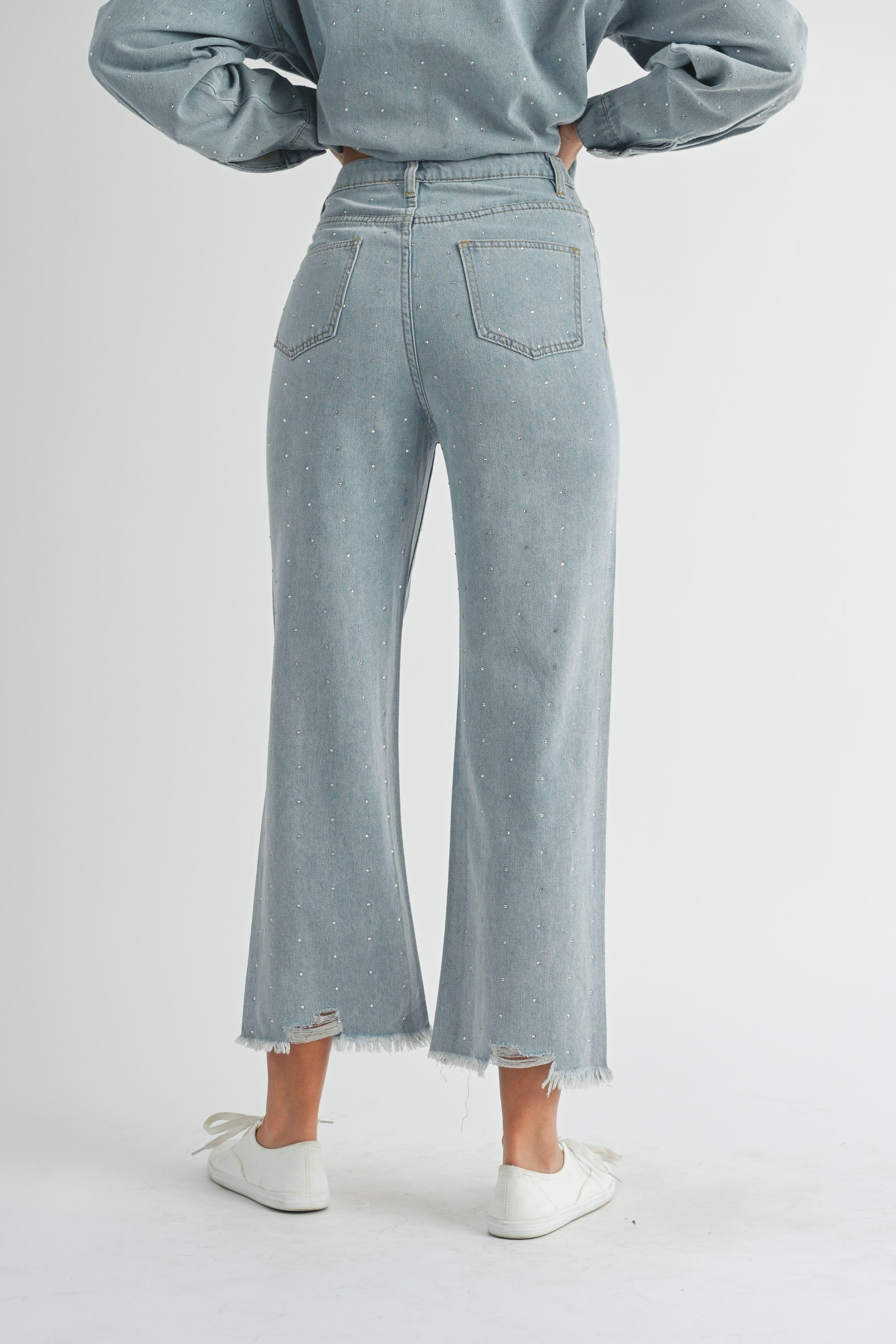Rhinestone Detail High Waisted Crop Jeans