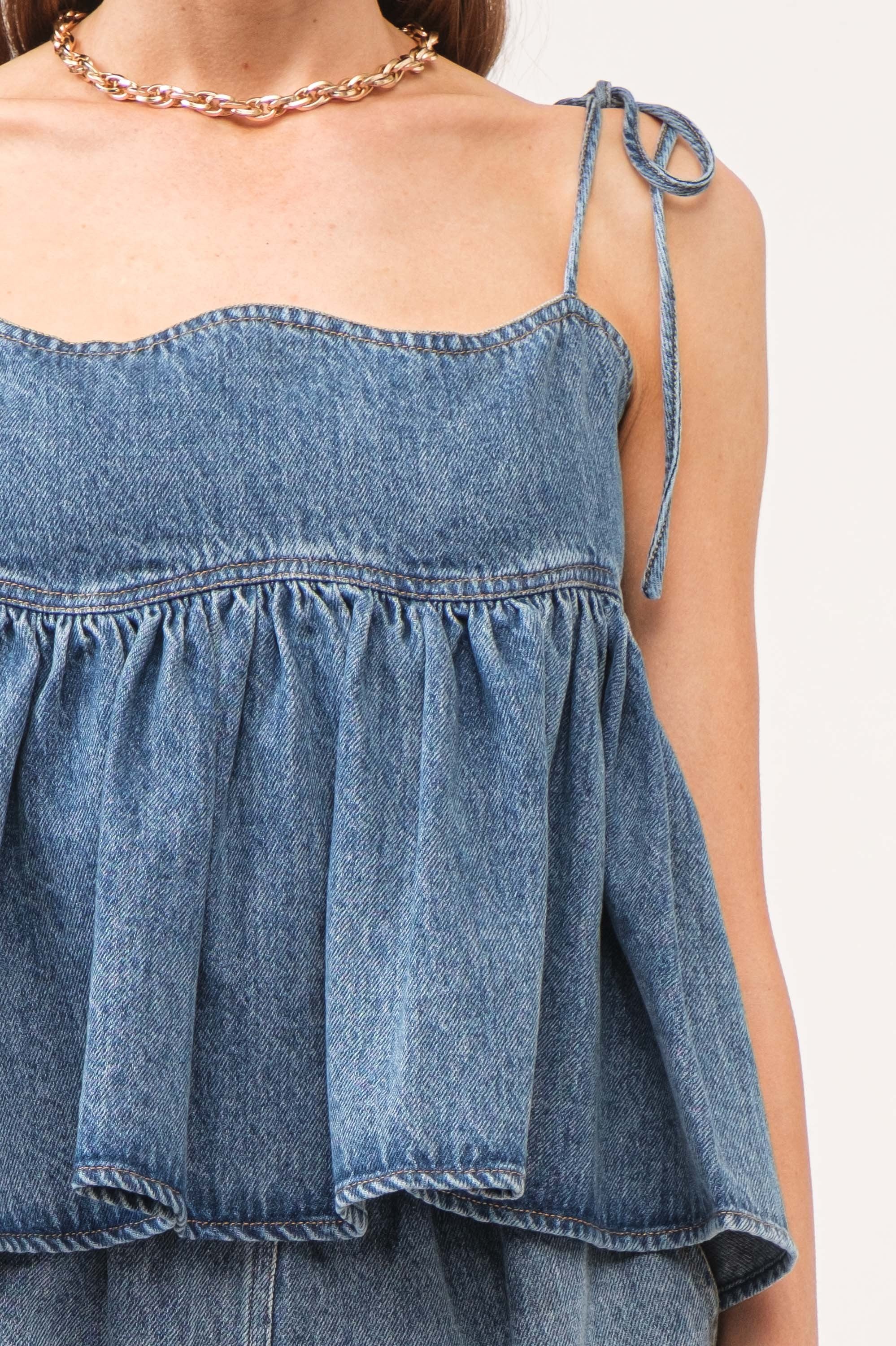 Denim Shoulder Tie Scalloped Tank