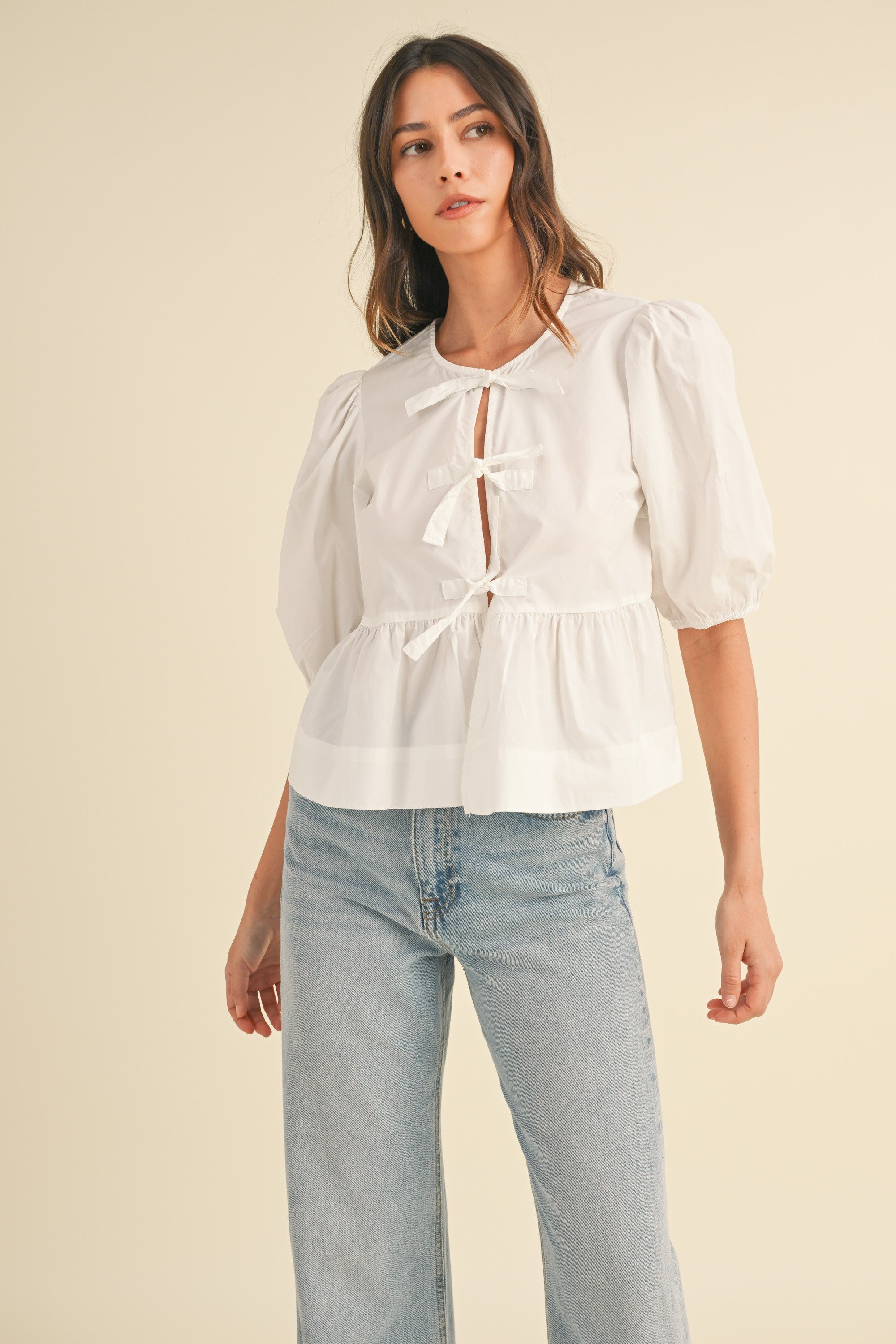 Puff Sleeve Bottom Ruffle Tie Detail Top