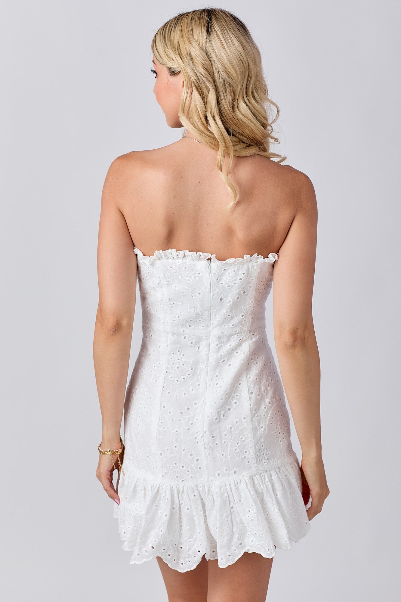 Strapless Eyelet Ruffled Mini Dress