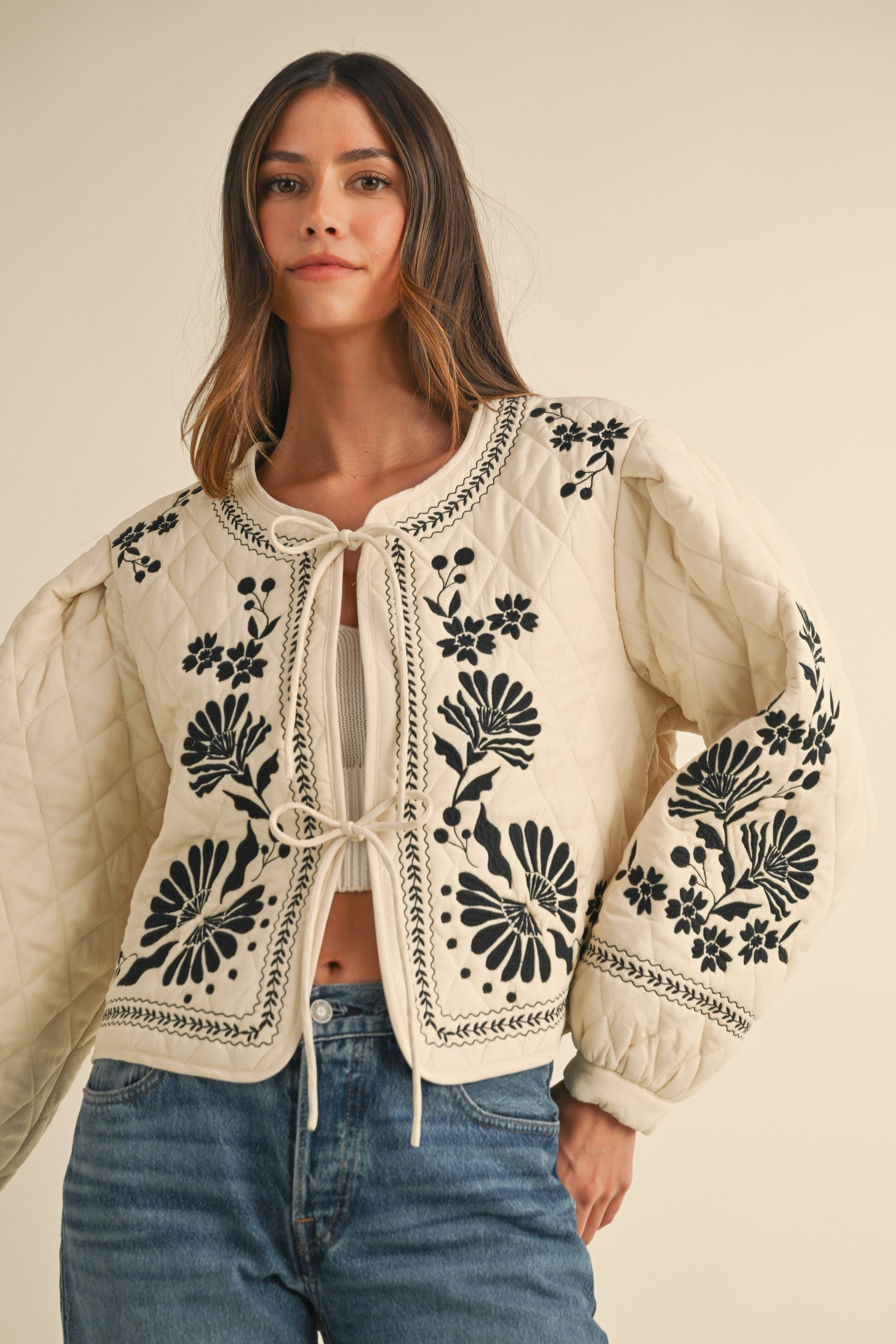 Embroidered Quilted Tie Jacket