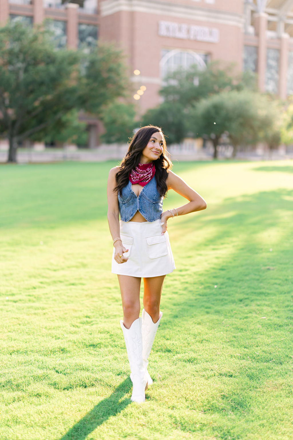 Plunge Neck Hook Closure Denim Crop