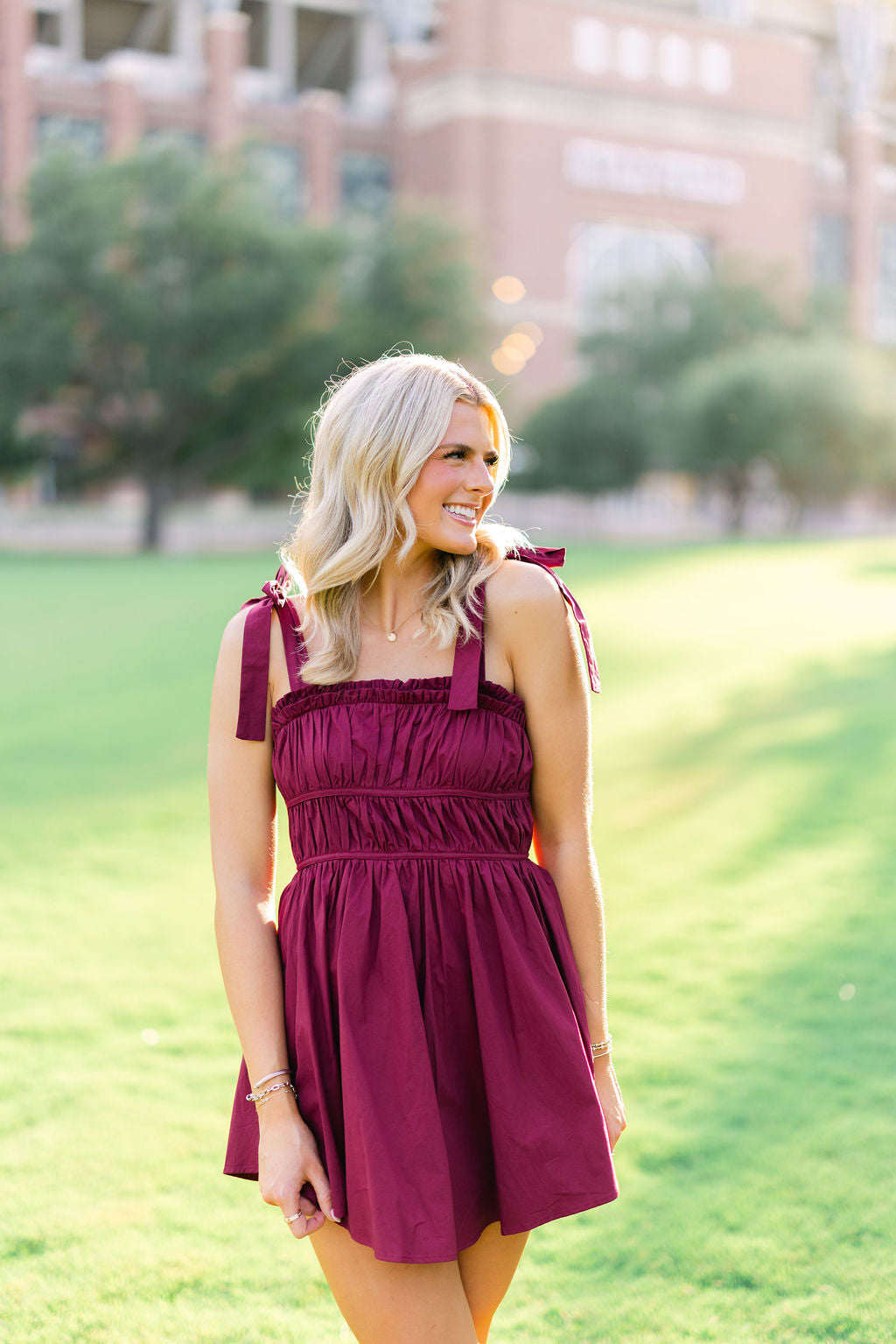 Shoulder tie Rouched Bodice Mini Dress