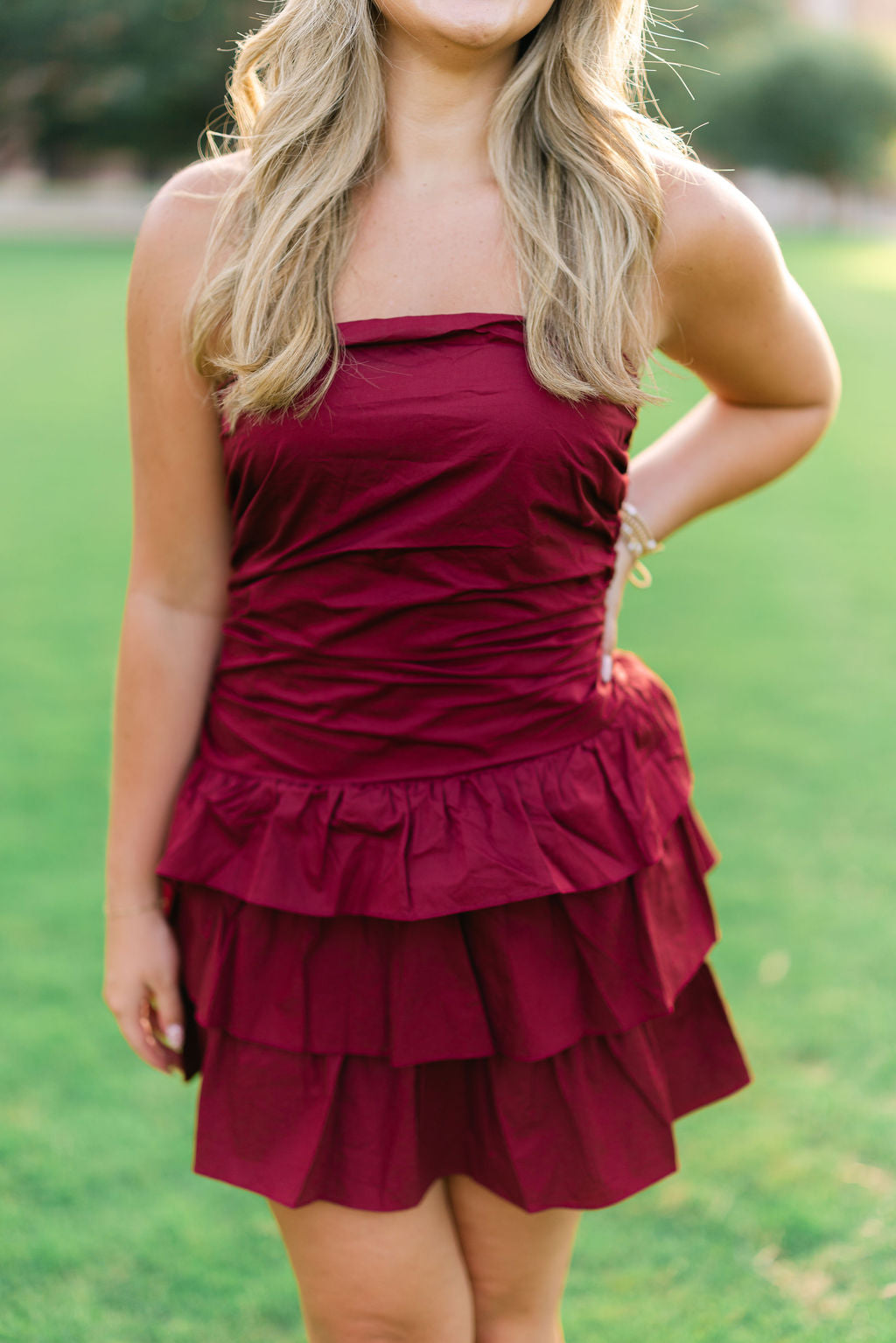 Strapless Ruched Tiered Ruffle Mini Dress
