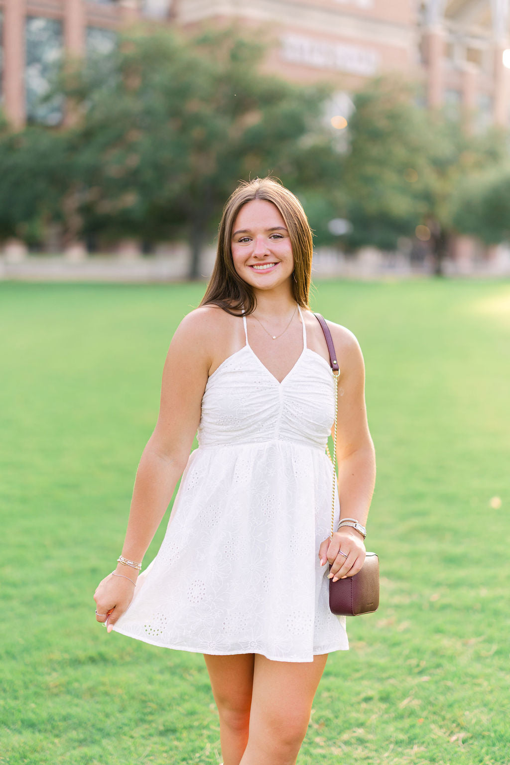 Halter Eyelet Smocked Mini Dress