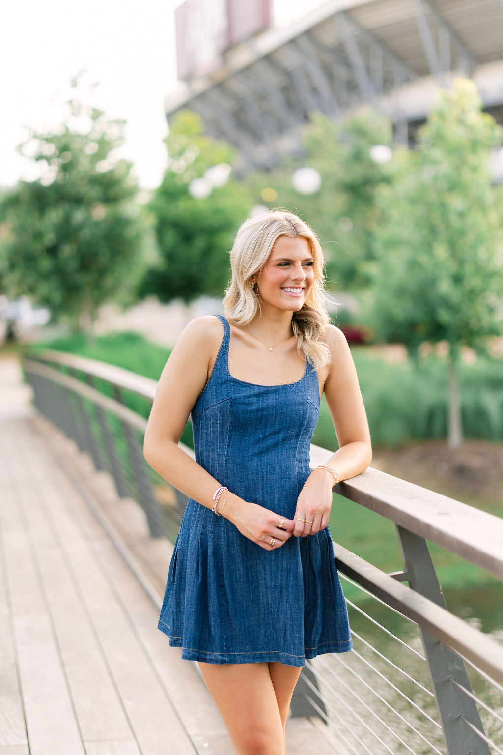 Denim Flare Side Pleated Mini Dress