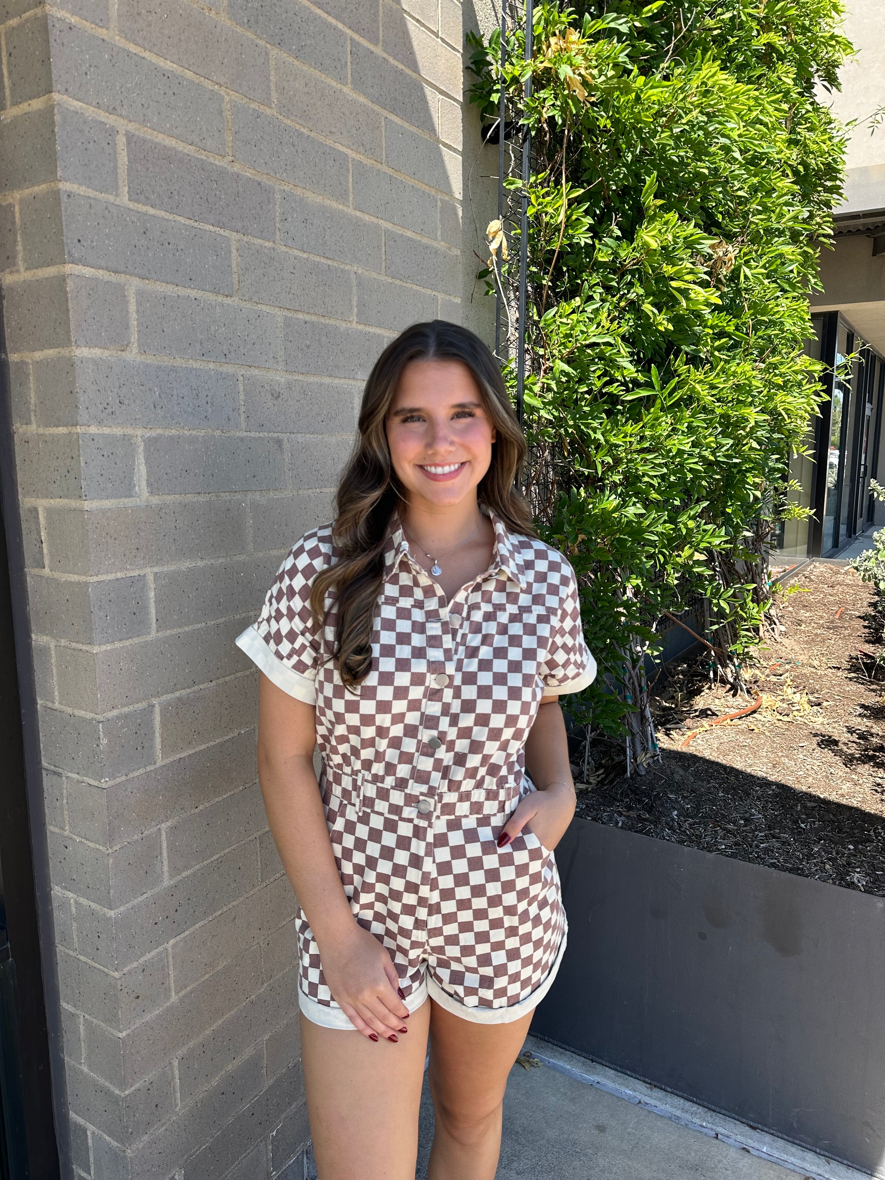 Checkered Print Button Down Rolled Cuff Romper