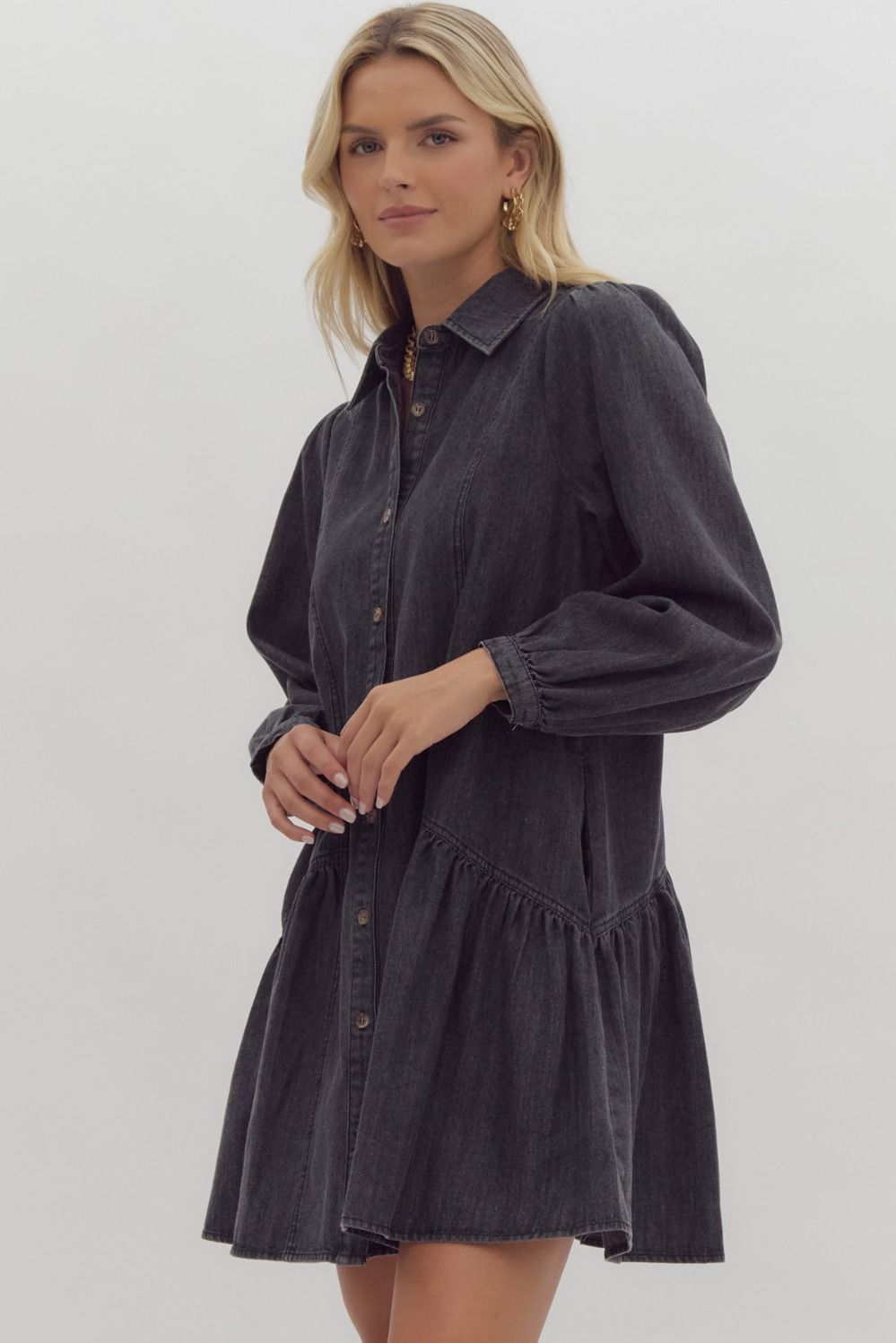 Denim Long Sleeve Button Down Ruffle Dress