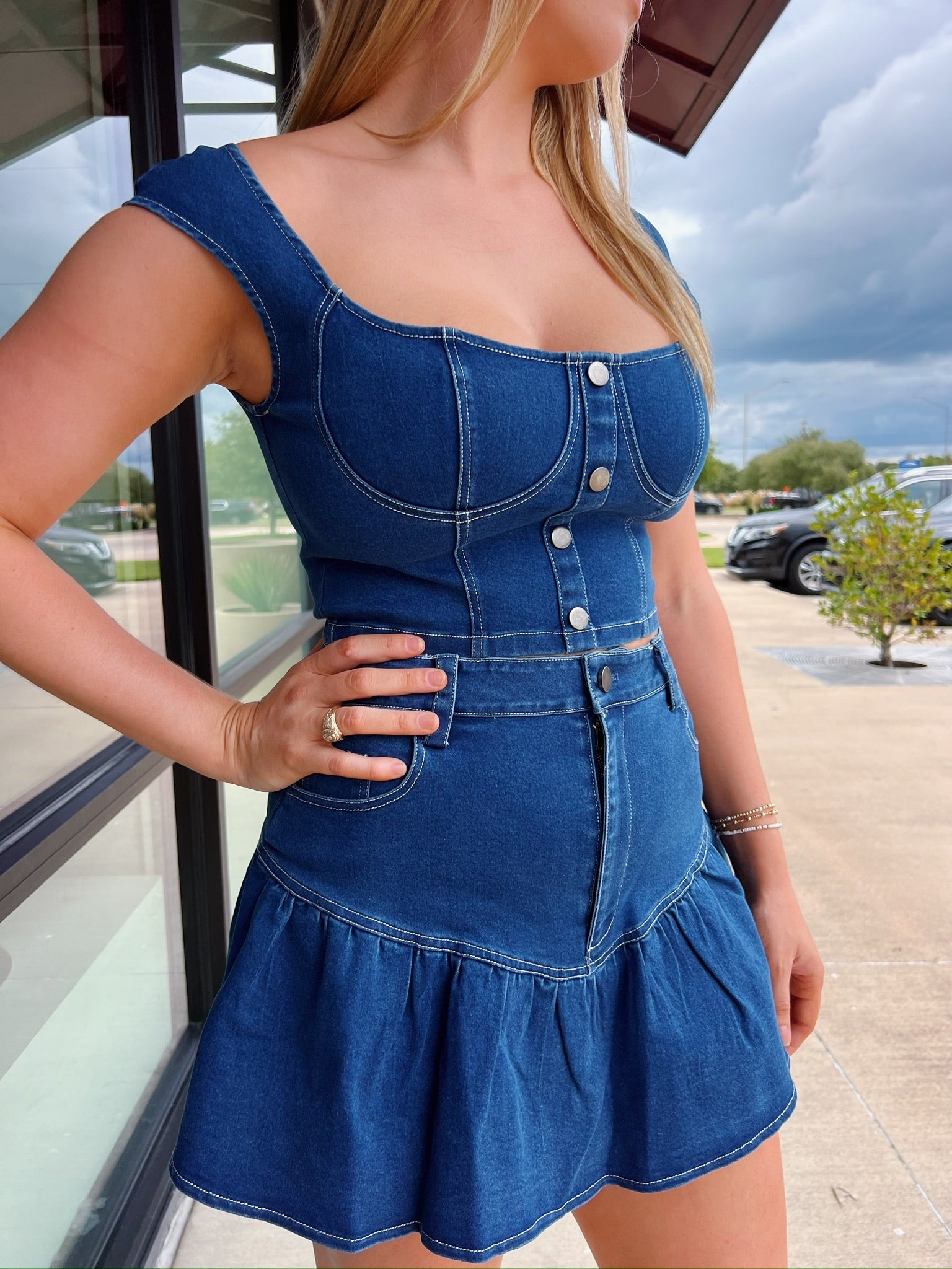 Denim Bustier Crop Top & Ruffled Mini Skirt Set