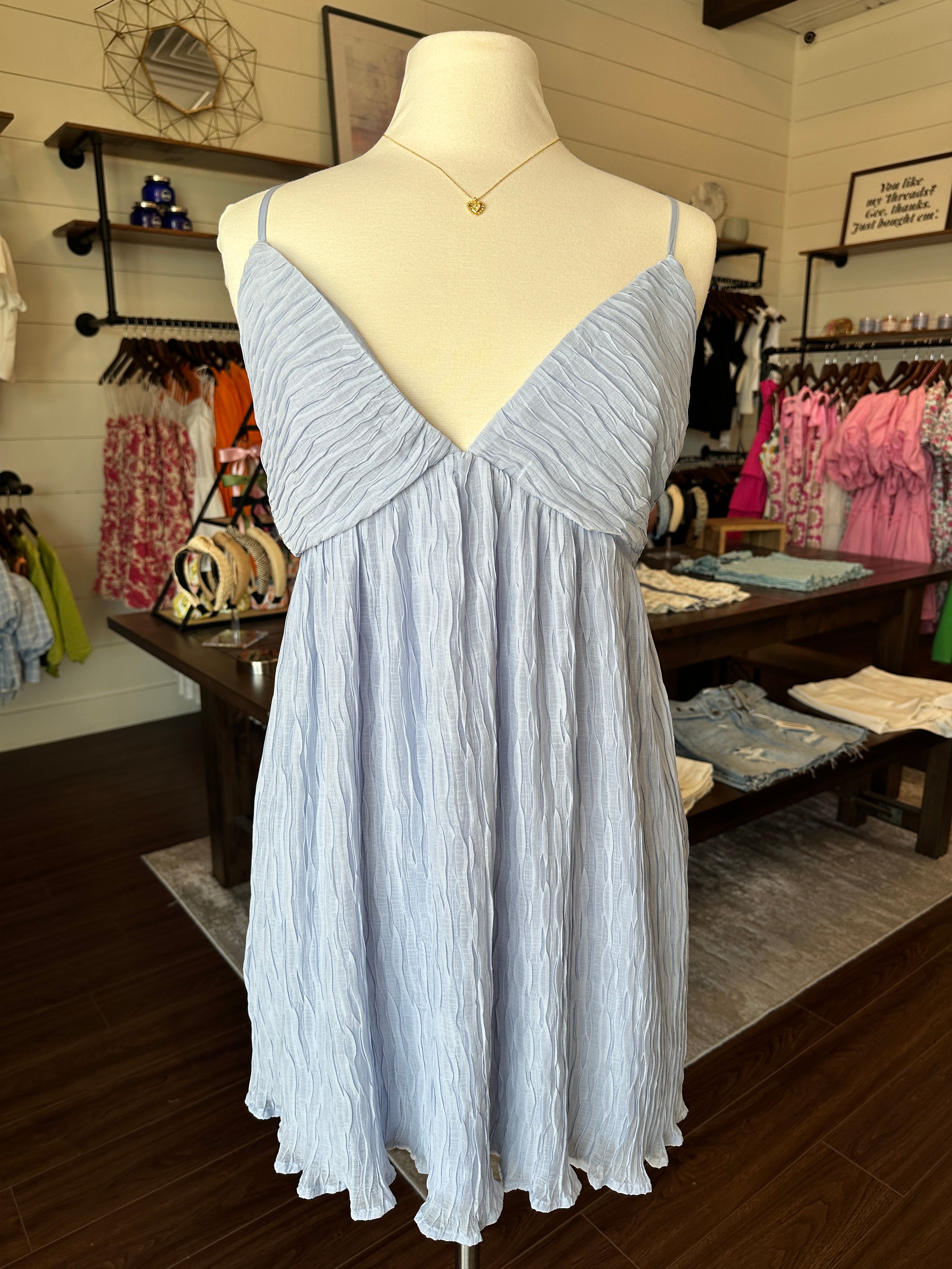 Plisse V-Neck Mini Dress