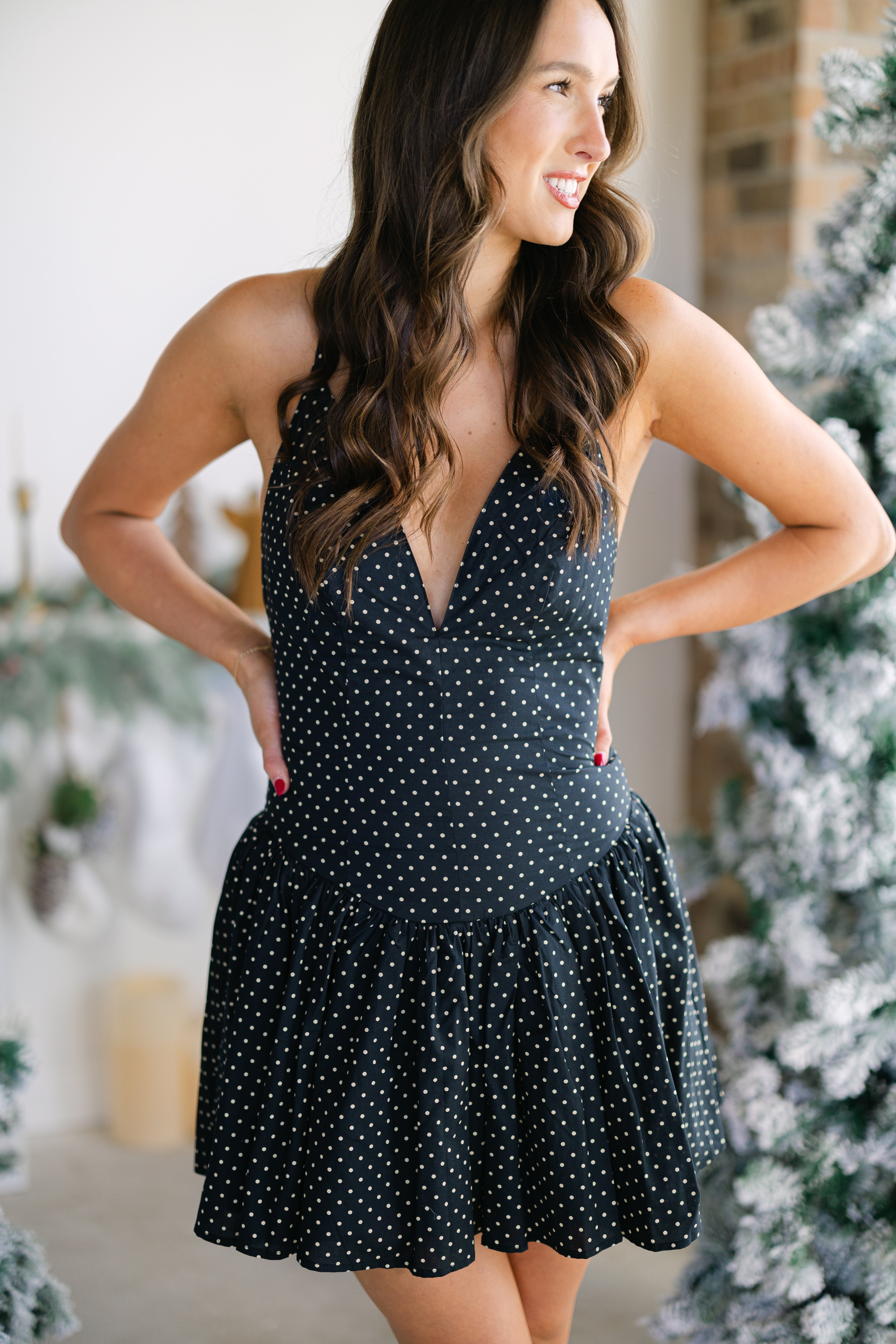 Polka Dot Plunge Neckline Mini Dress