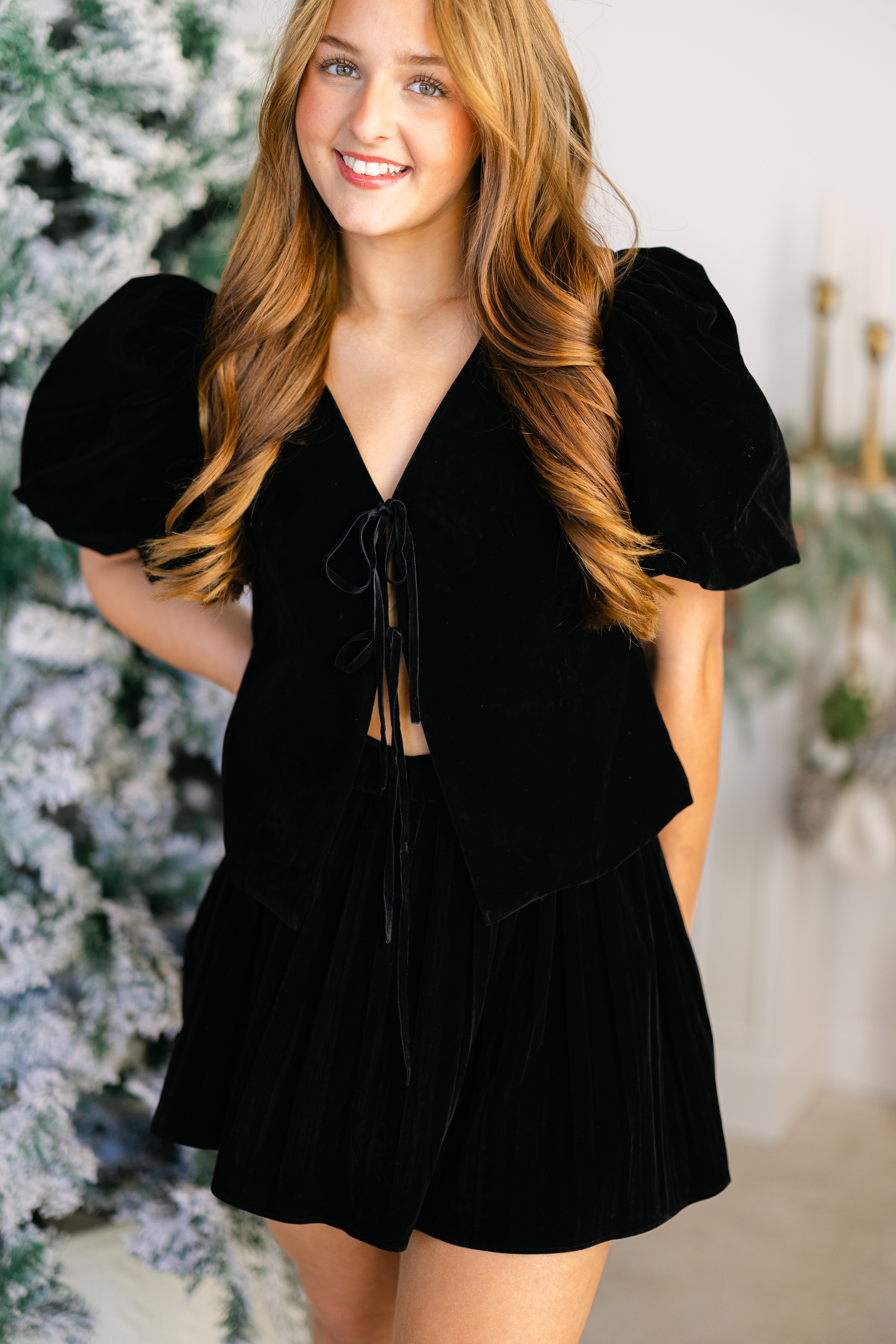 Velvet Front Tie Blouse