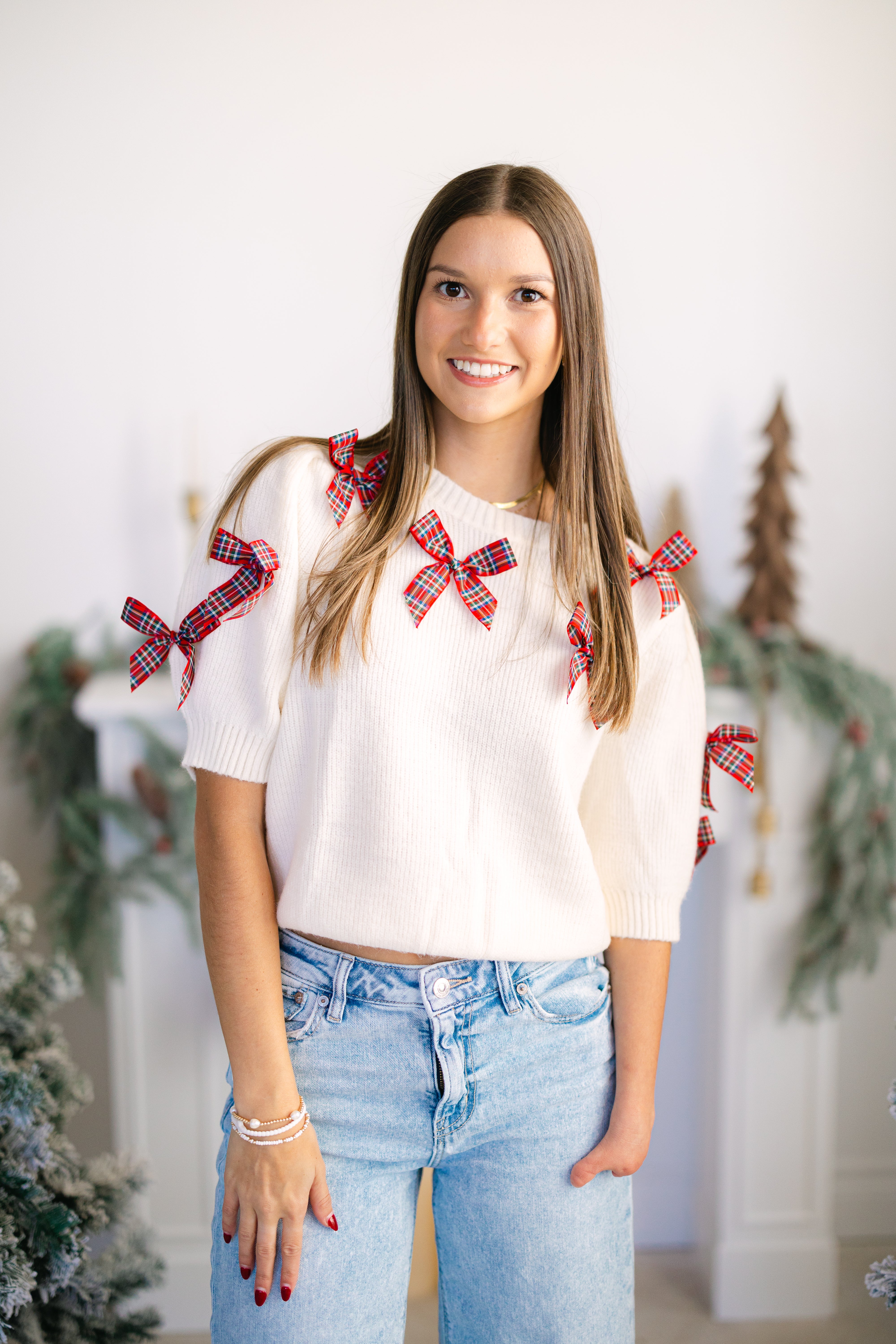 Cropped Sweater W/ Plaid Bow Detail