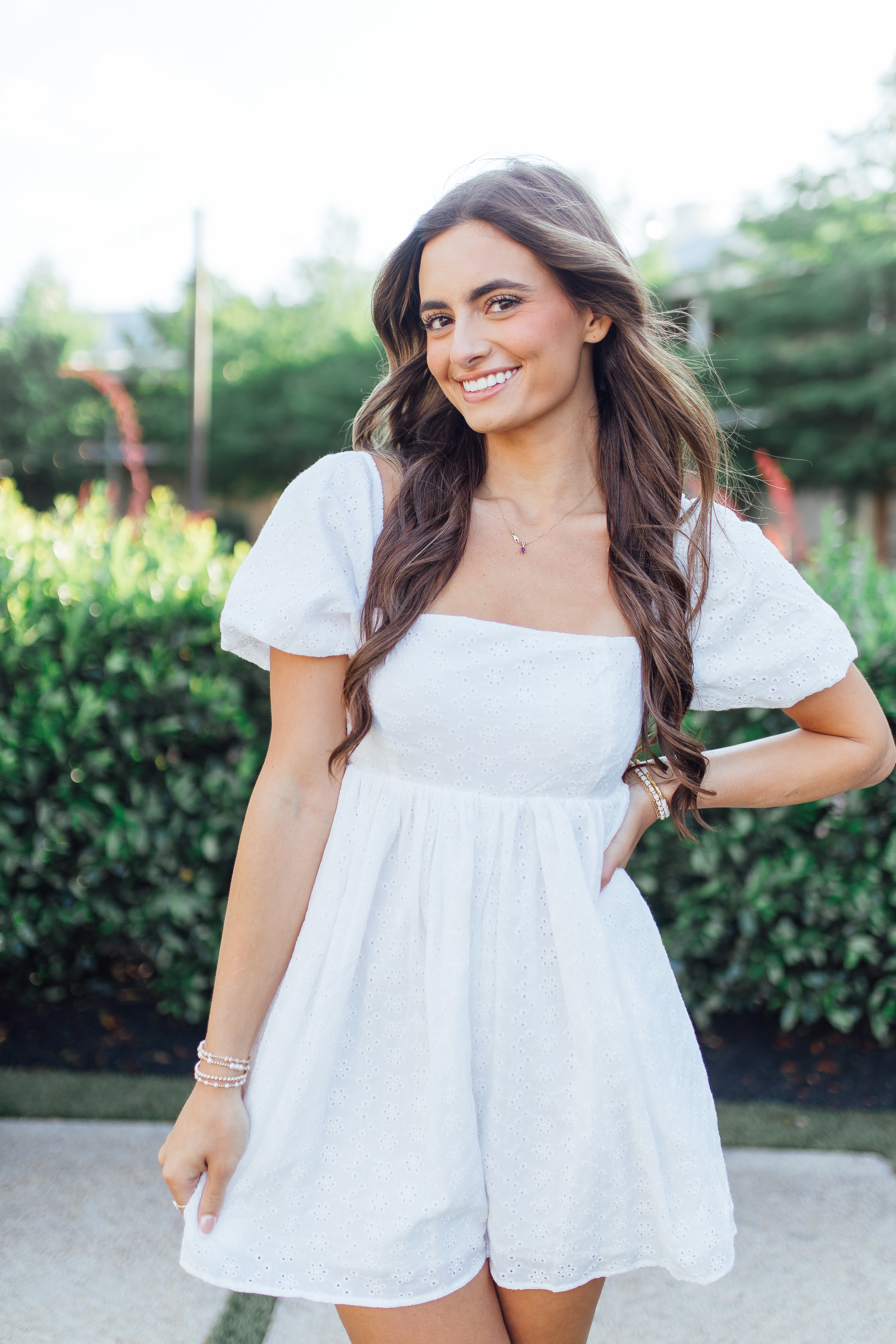 Eyelet Puff Sleeve Square Neck Romper