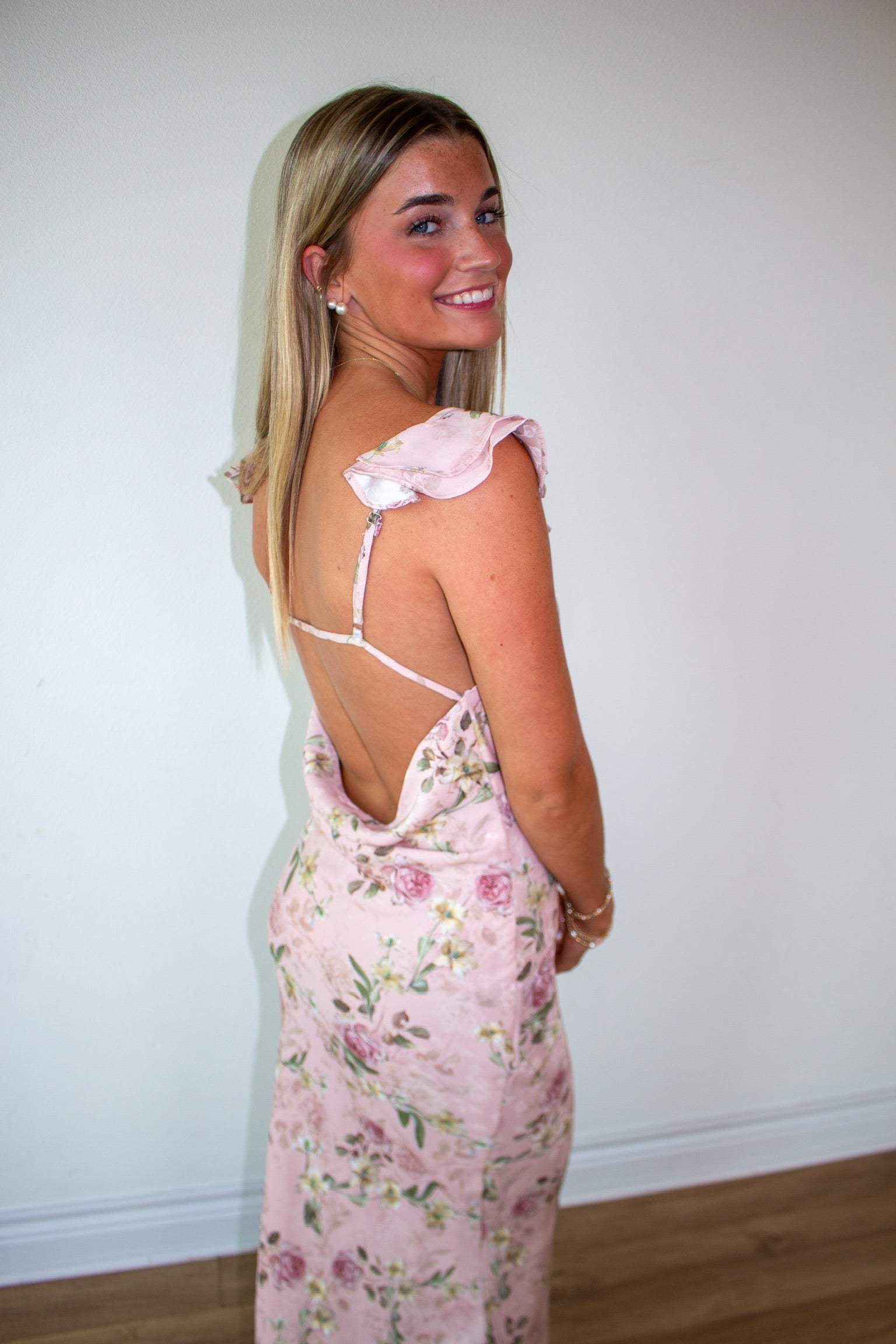 Ruffle Sleeve Floral Print Open Back Maxi Dress