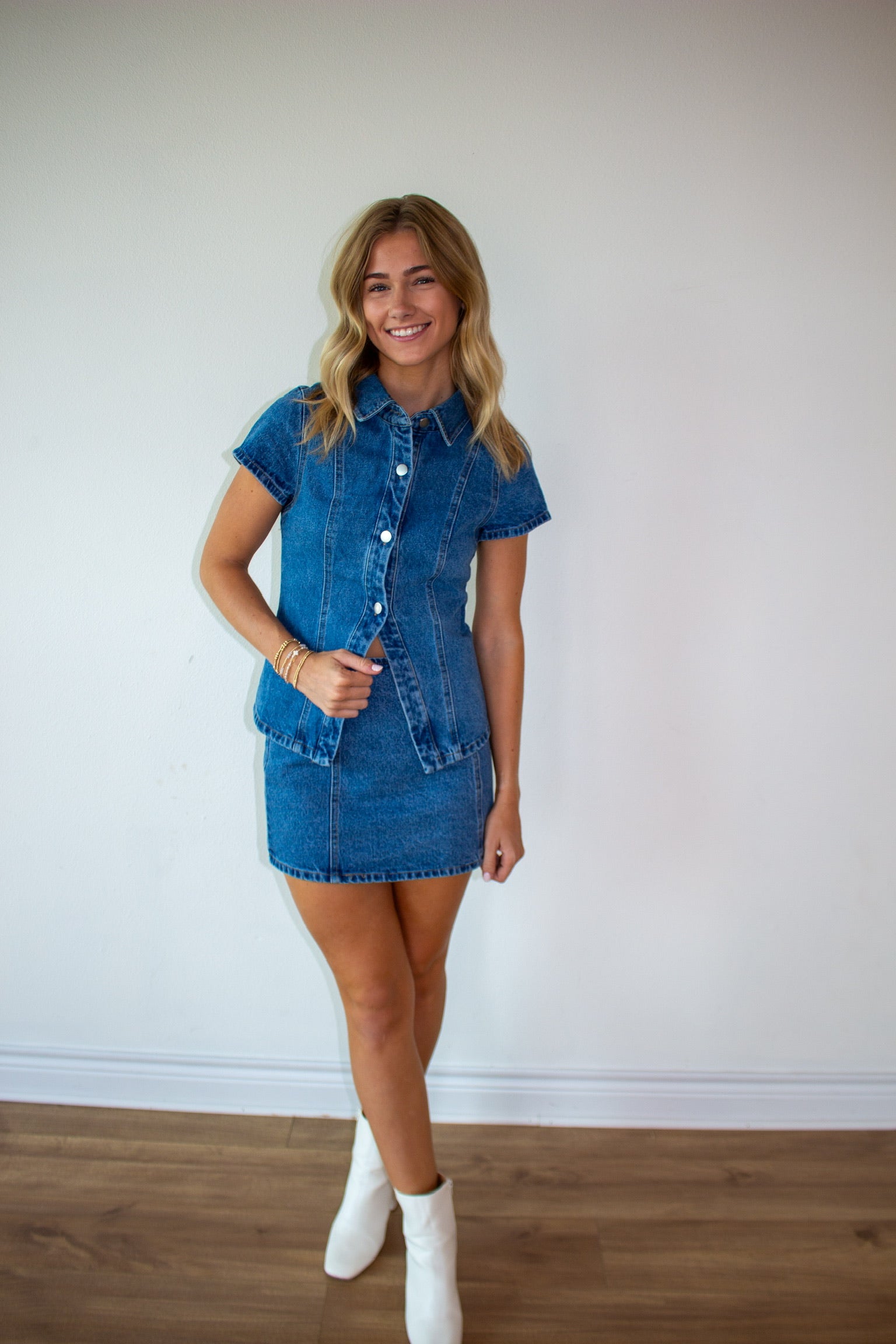 Short Sleeve Button Front Denim Top