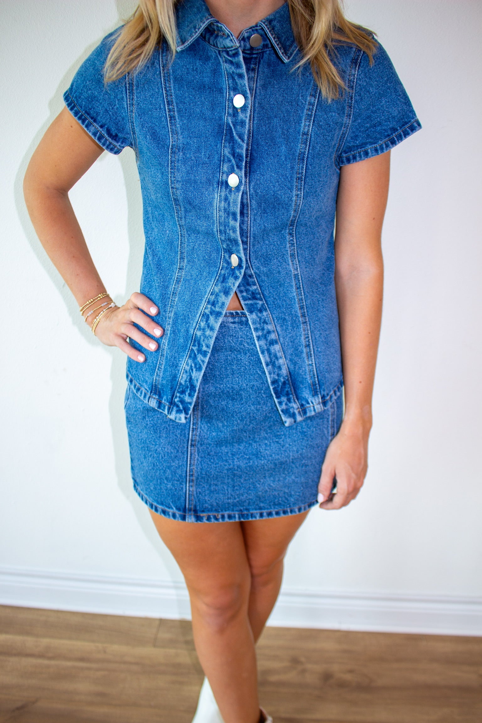 Short Sleeve Button Front Denim Top