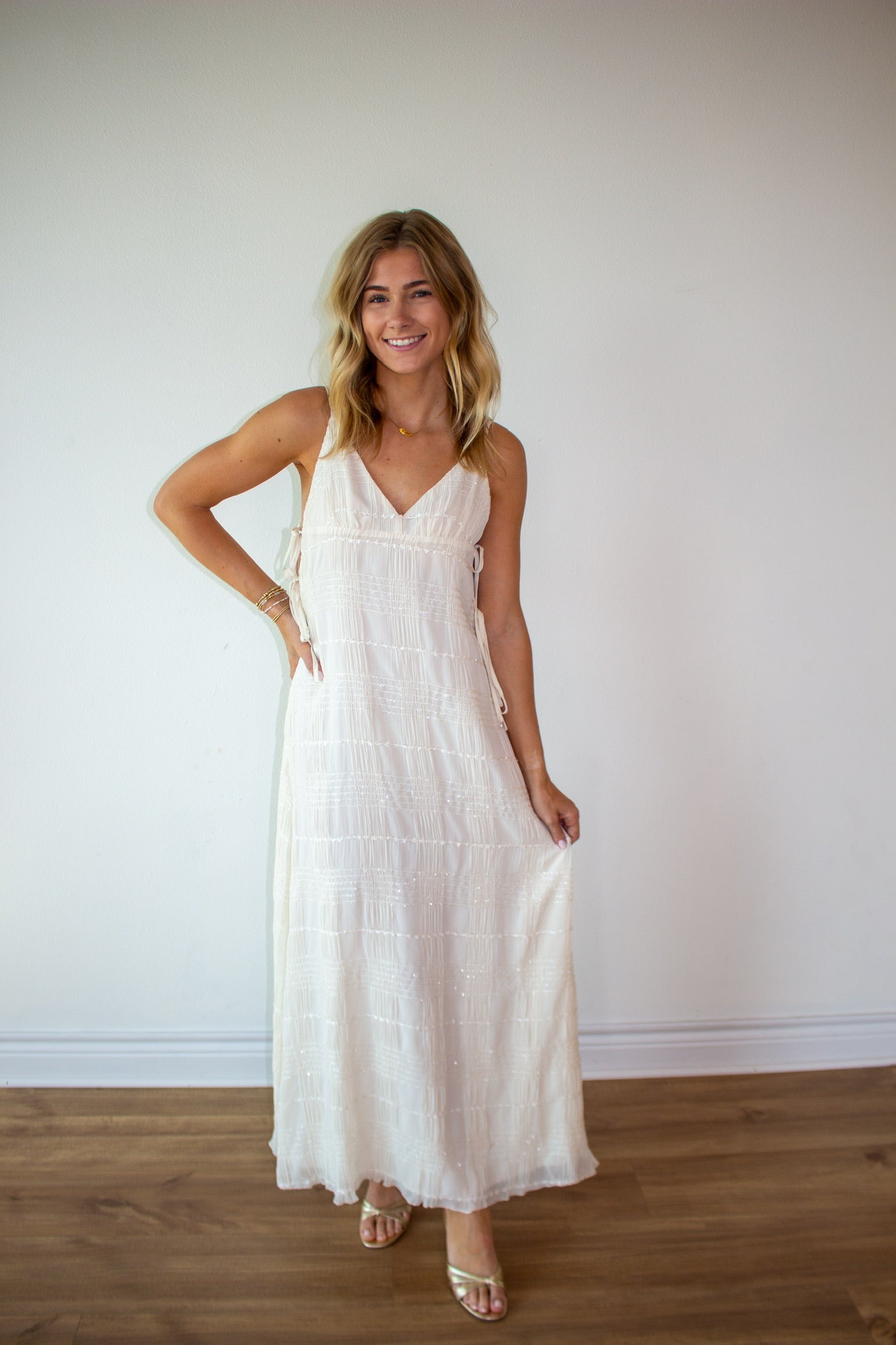 Shimmer Texture Sleeveless Side Tie Maxi