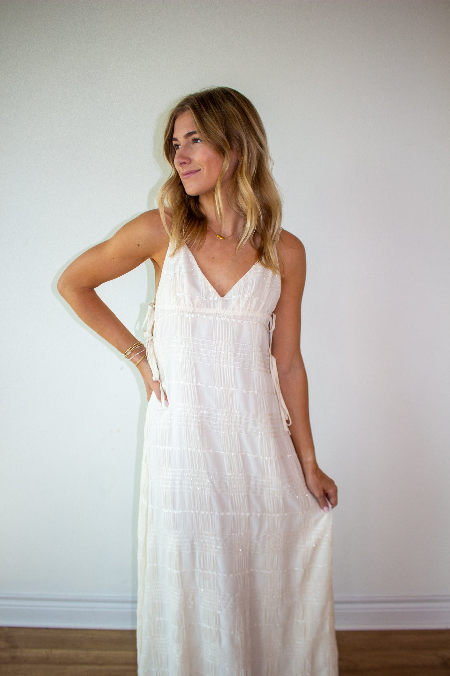 Shimmer Texture Sleeveless Side Tie Maxi