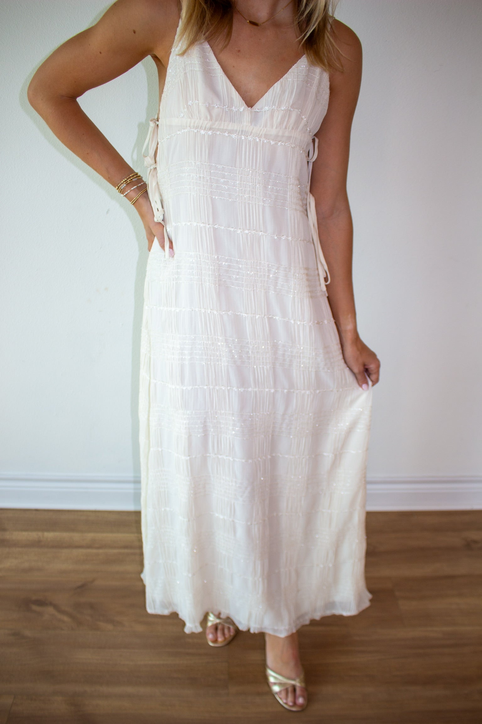 Shimmer Texture Sleeveless Side Tie Maxi