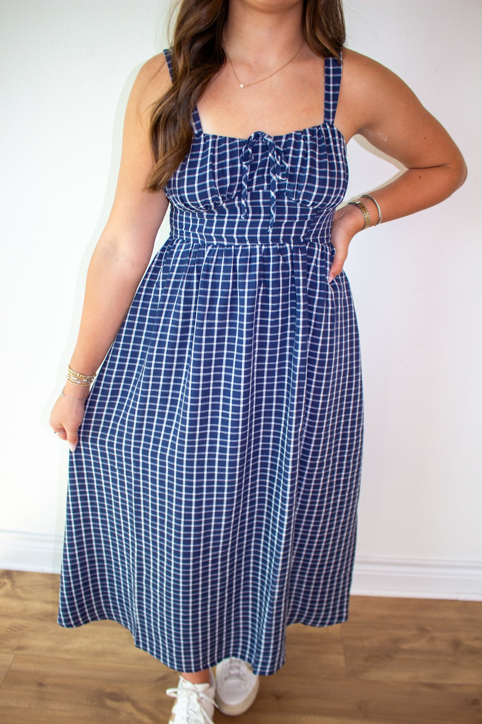 Plaid Front Tie Sleeveless Midi Dress