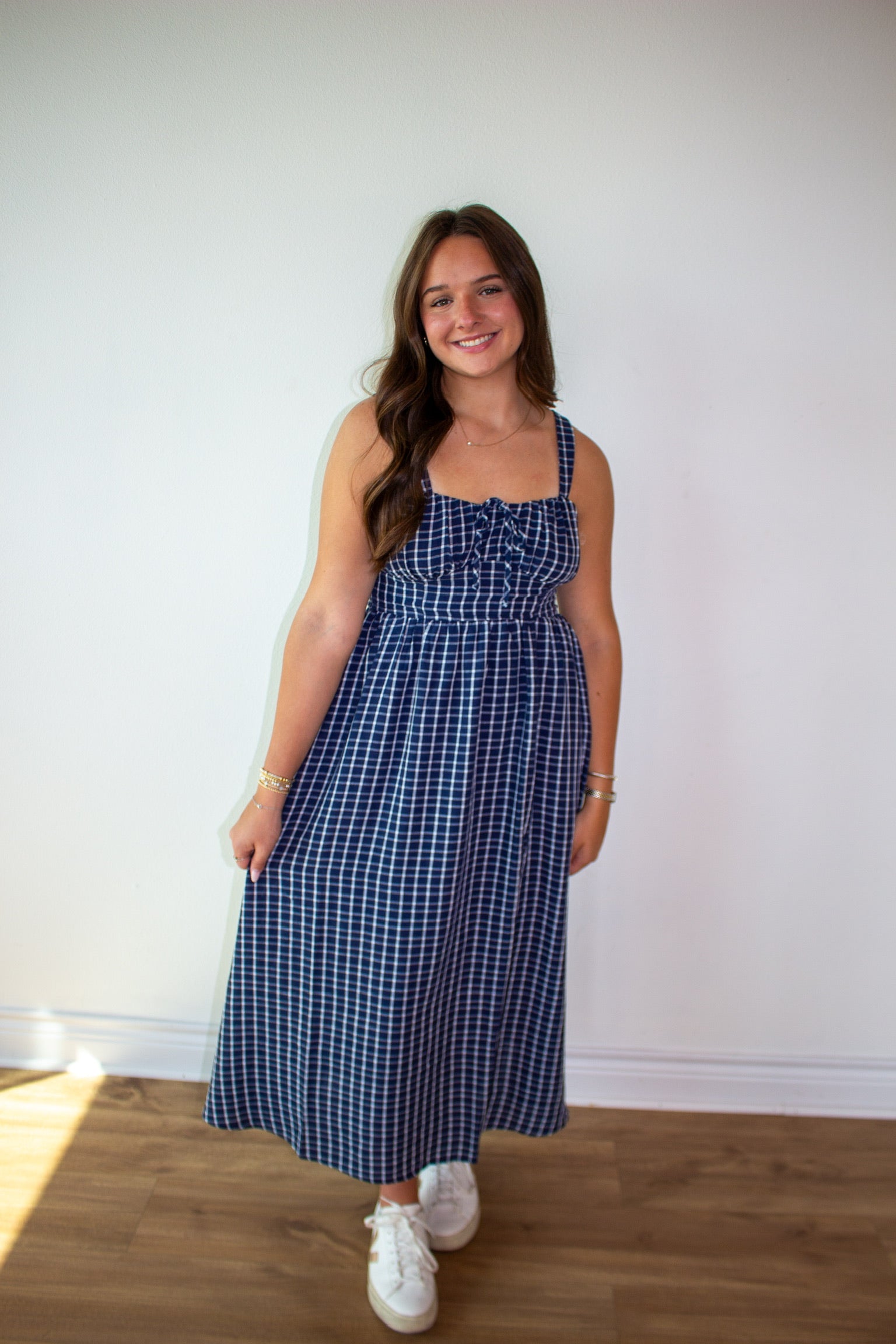 Plaid Front Tie Sleeveless Midi Dress