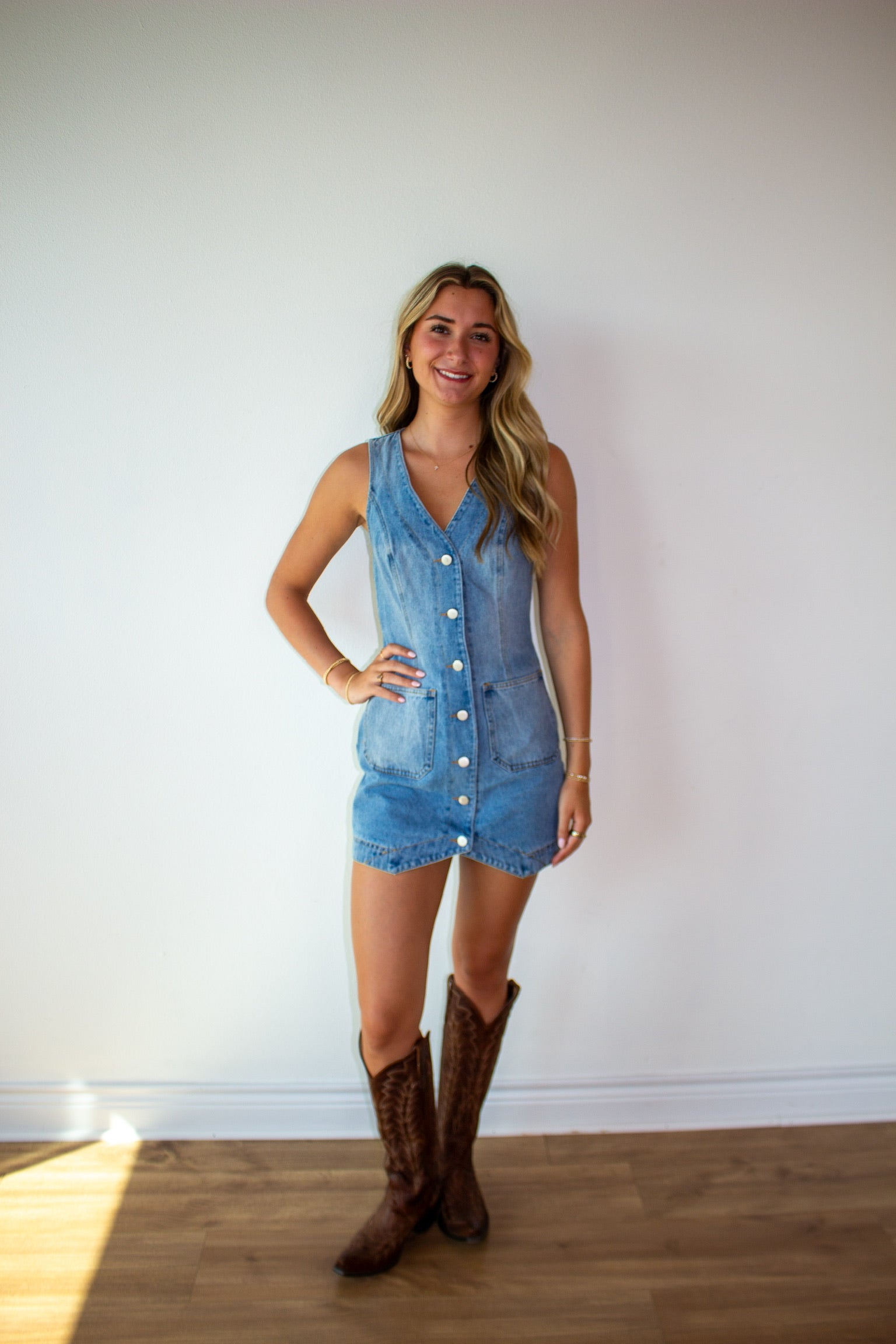 Denim Button Down V Neck Mini Dress