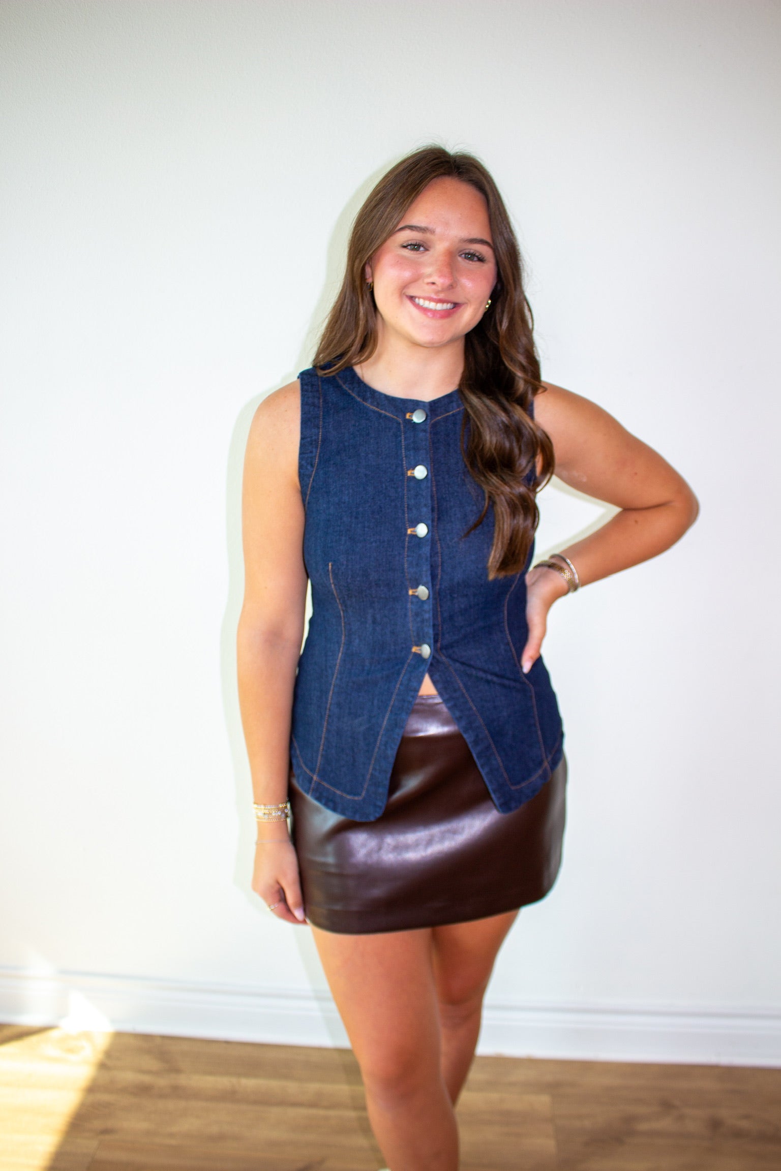 Round Neck Button Down Sleeveless Denim Vest