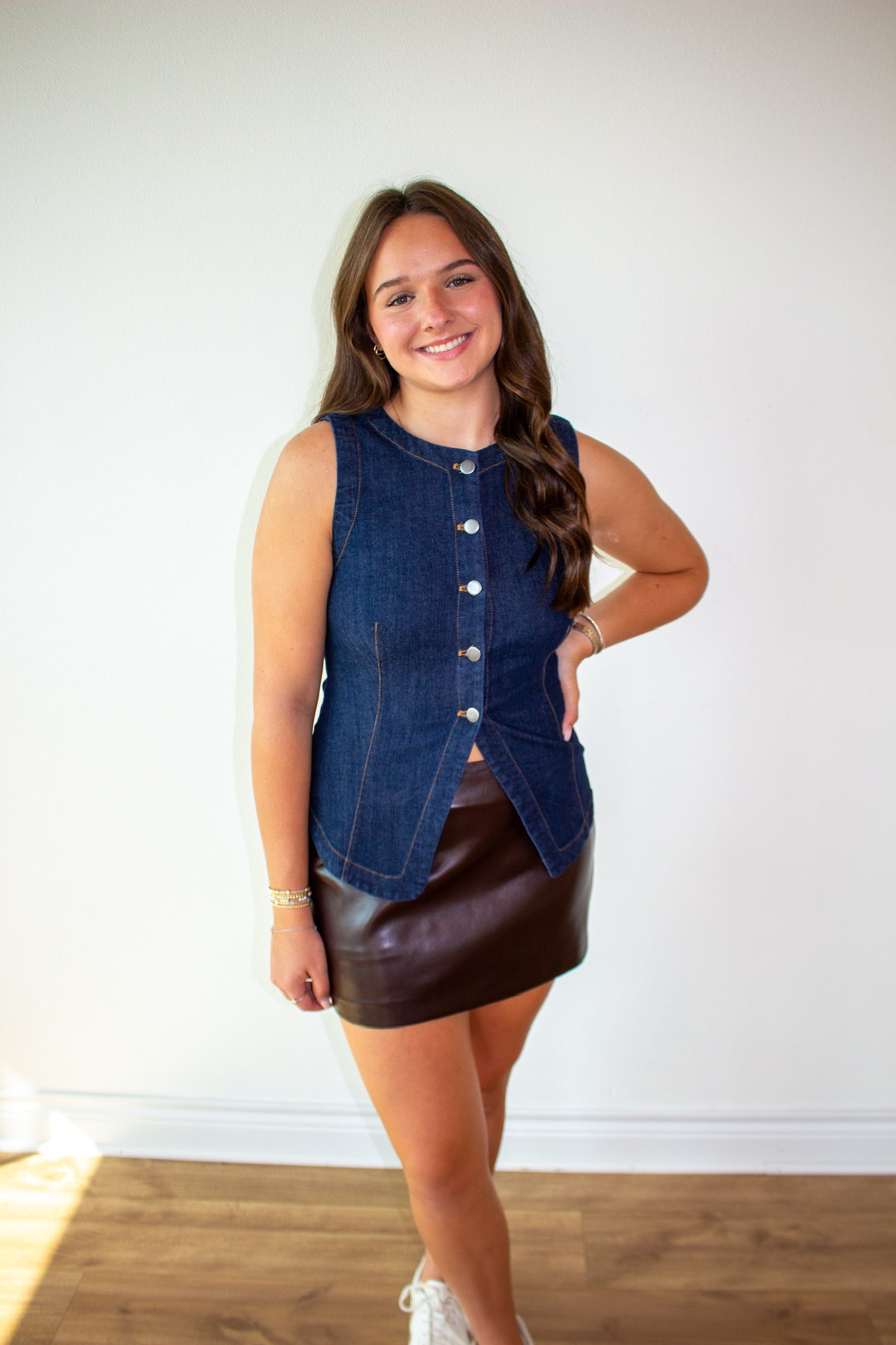 Round Neck Button Down Sleeveless Denim Vest