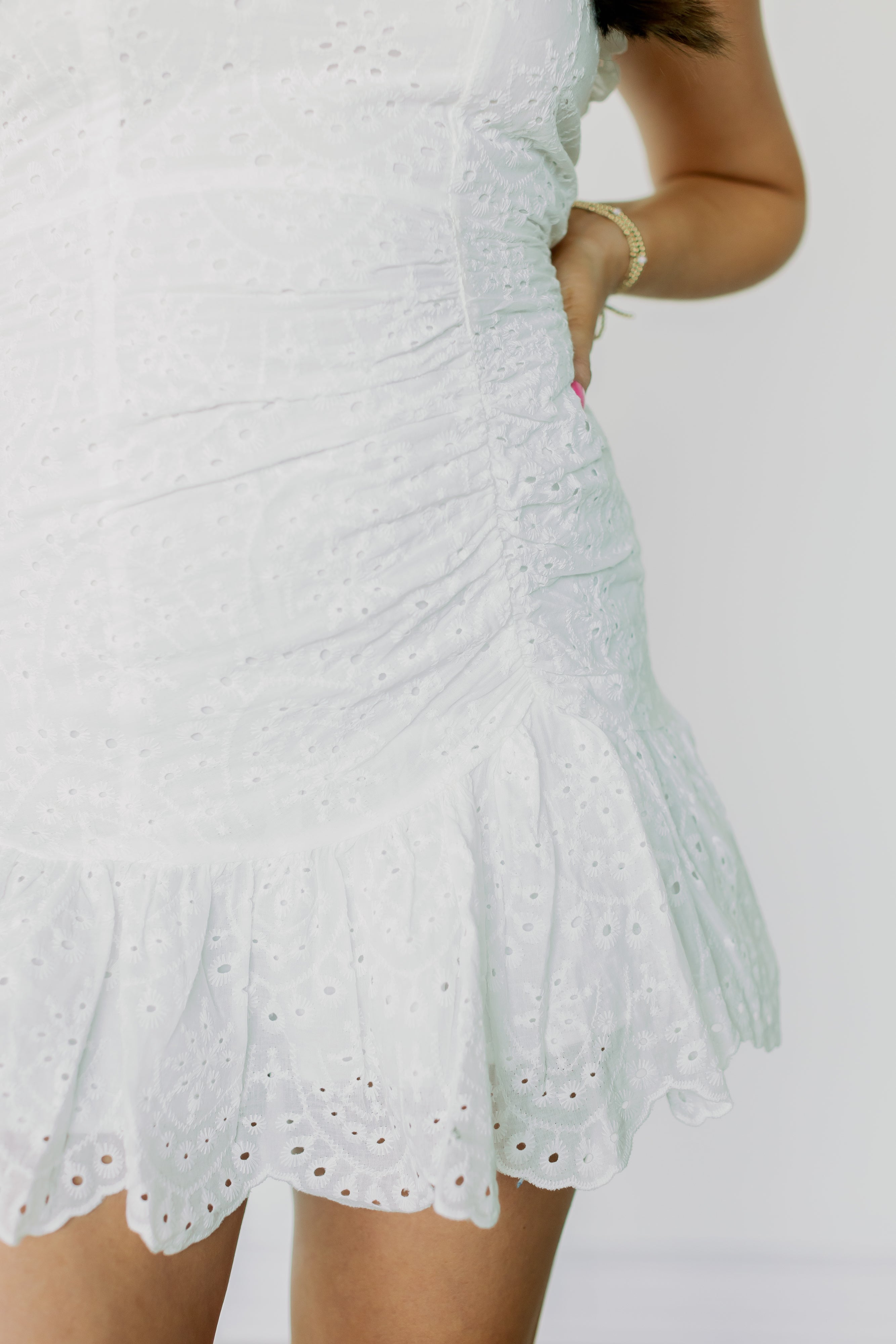 Strapless Eyelet Ruffled Mini Dress