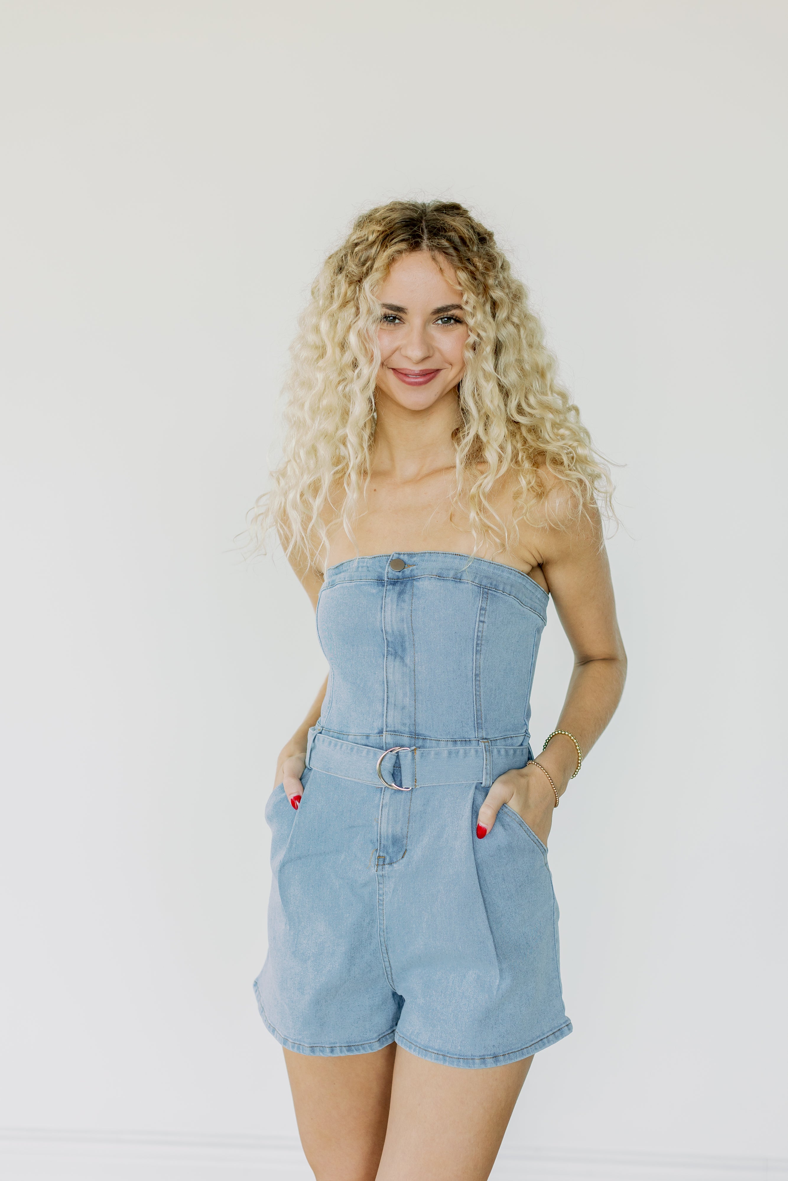 Denim Strapless Belted Romper